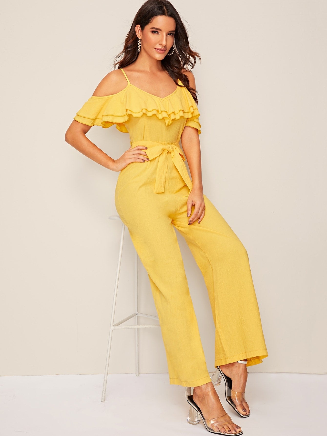 Cold Shoulder Belted Wide Leg Jumpsuit