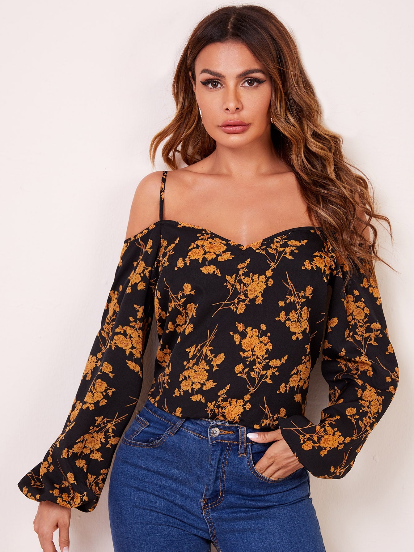 Cold Shoulder Bishop Sleeve Floral Top