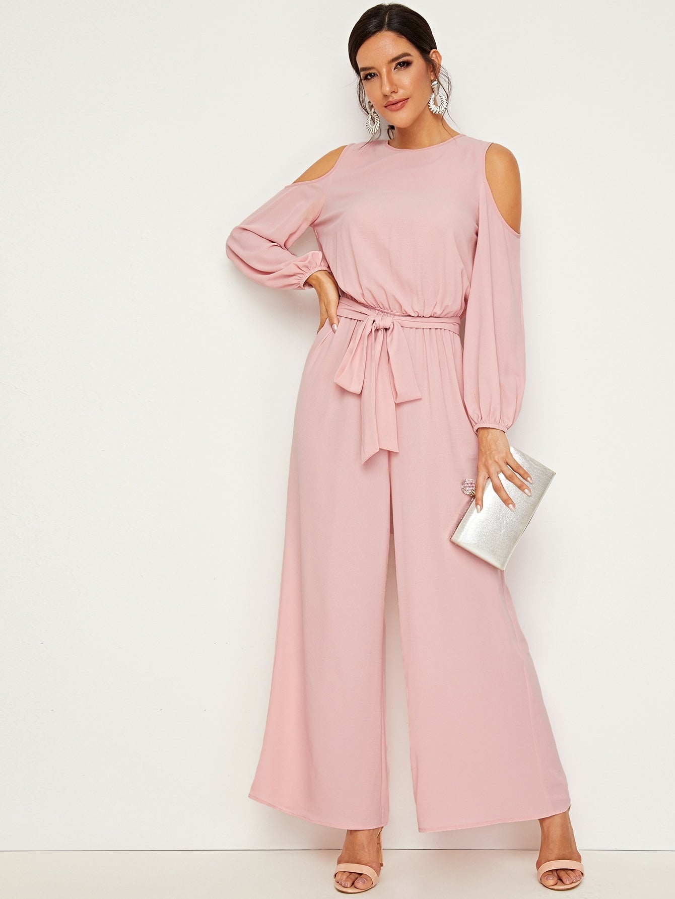 Cold Shoulder Blouson Waist Belted Palazzo Jumpsuit