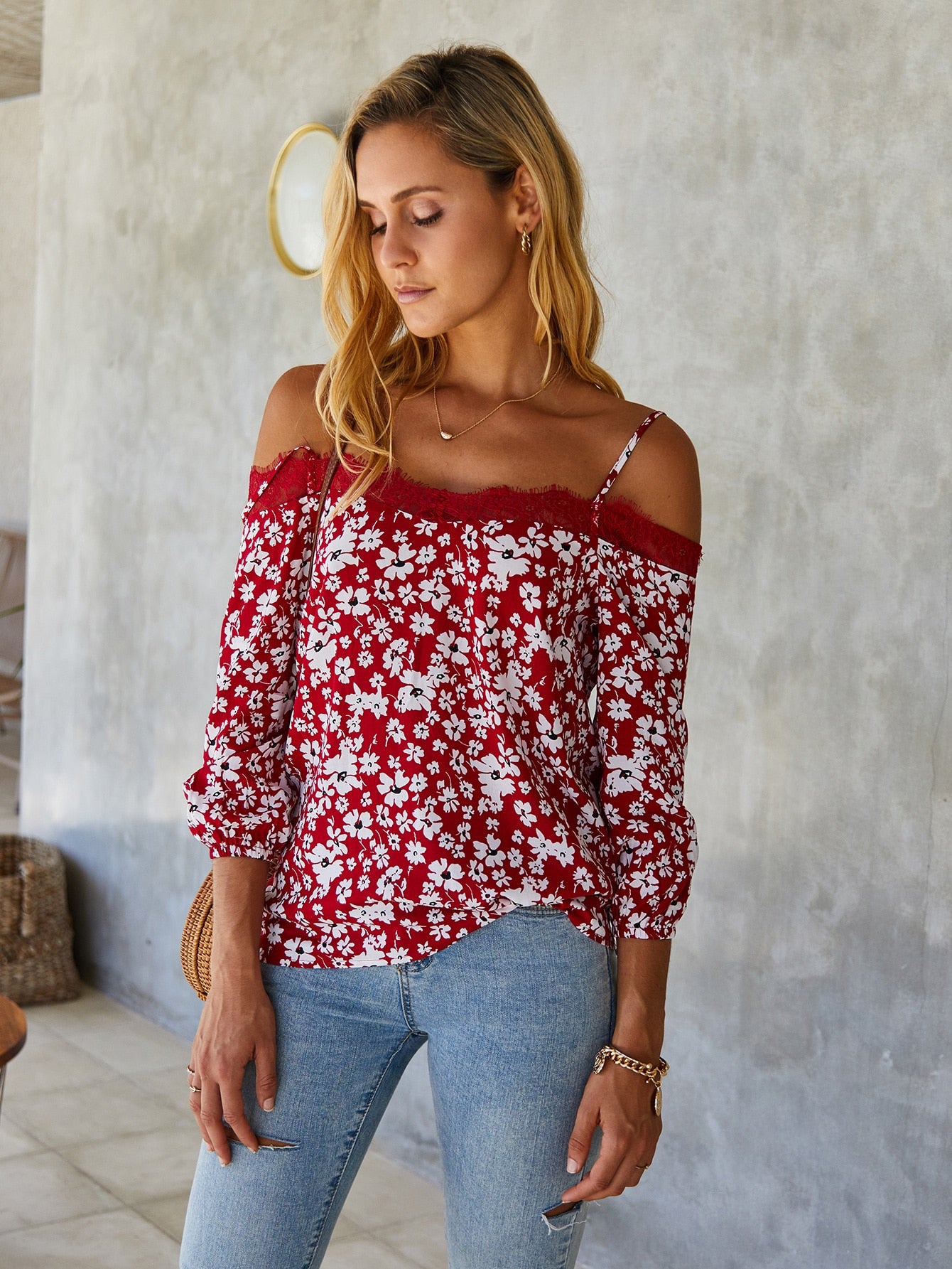 Cold Shoulder Contrast Lace Floral Cami Blouse