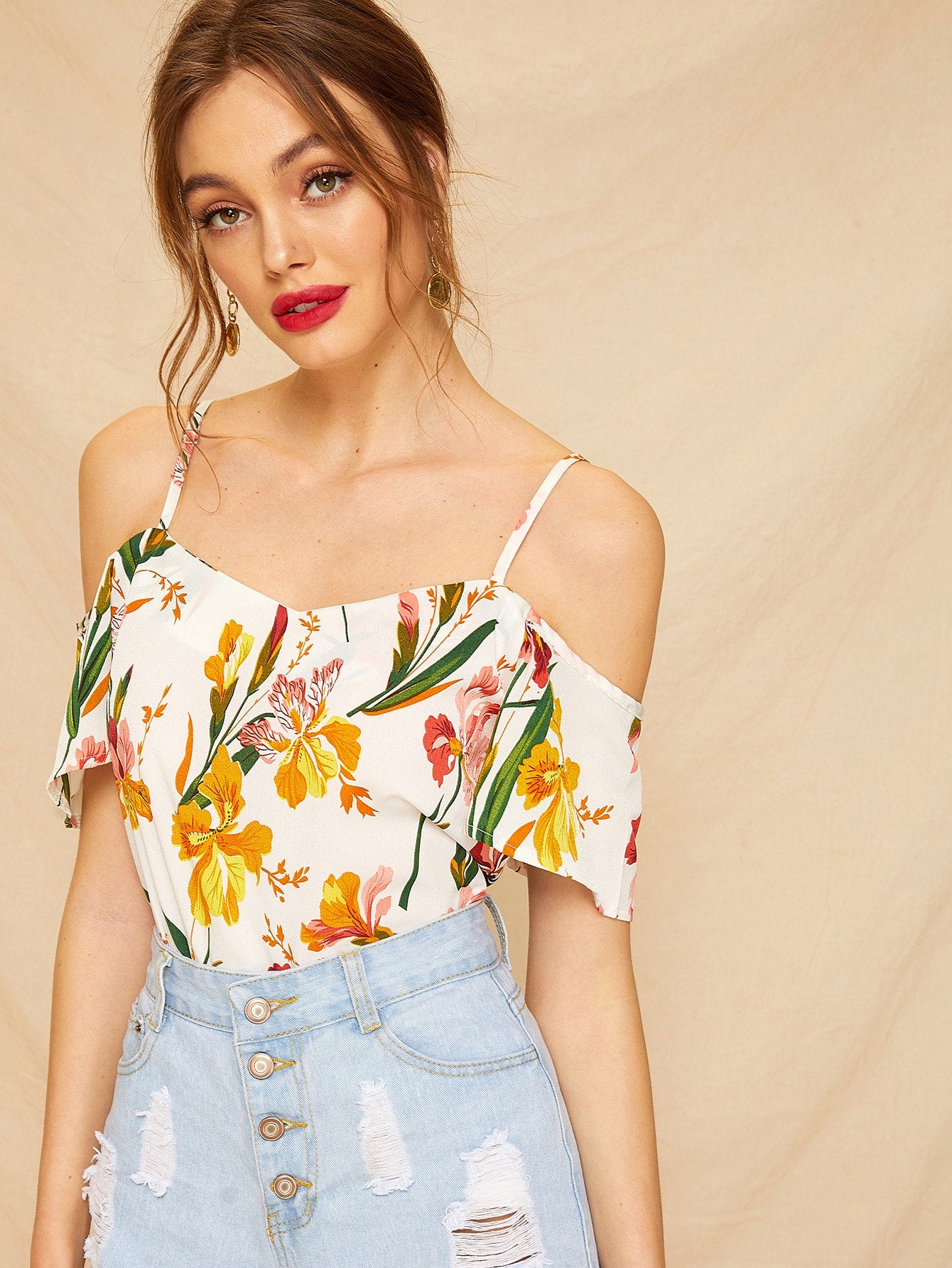 Cold Shoulder Floral Print Blouse