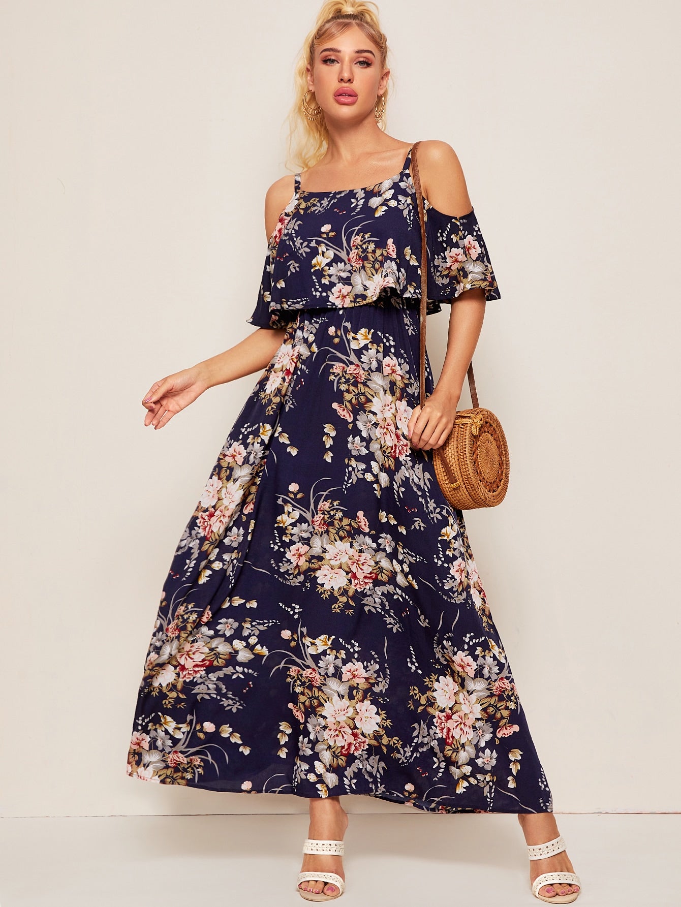 Cold Shoulder Flounce Foldover Floral Dress