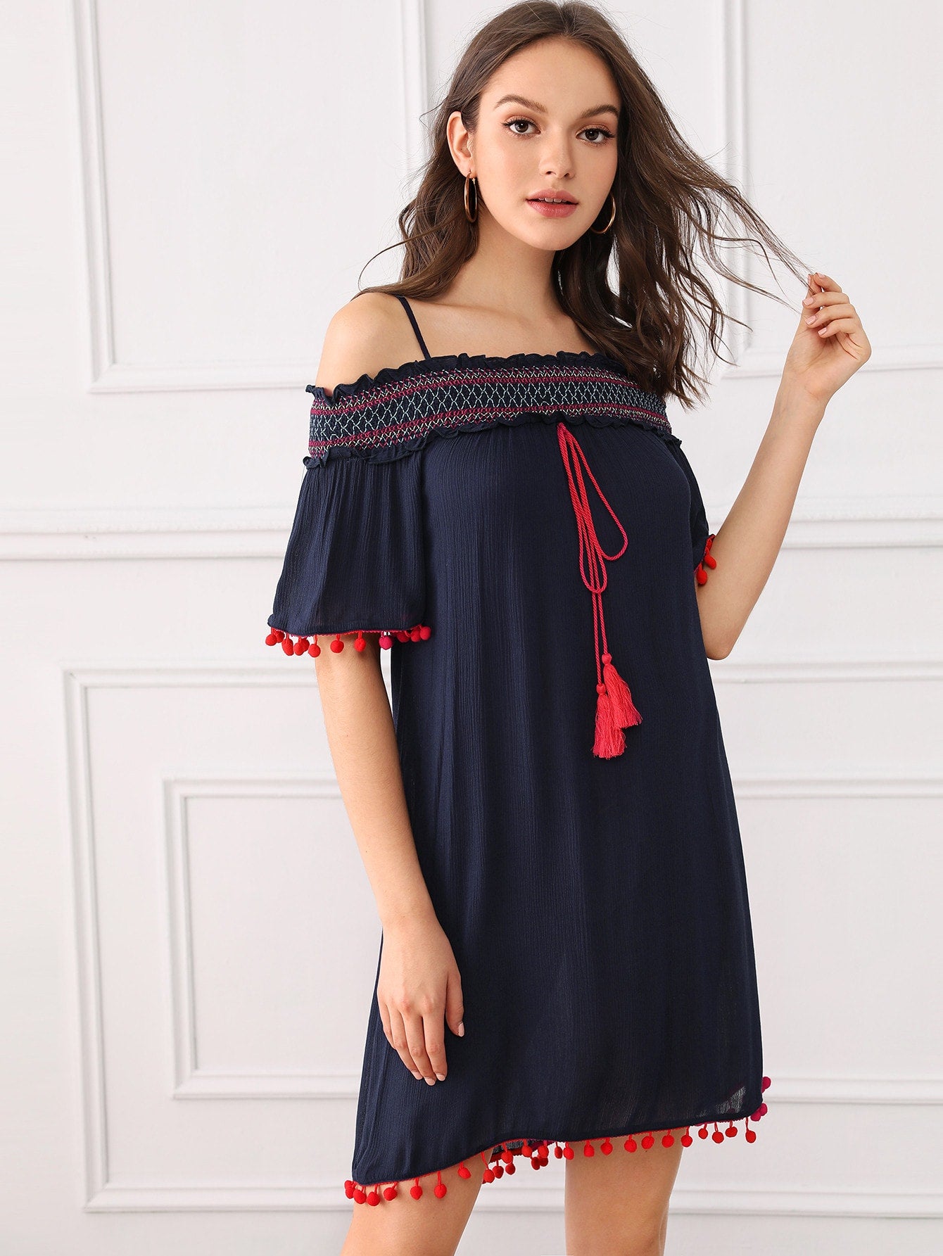 Cold Shoulder Pompom & Tassel Knot Detail Shirred Dress