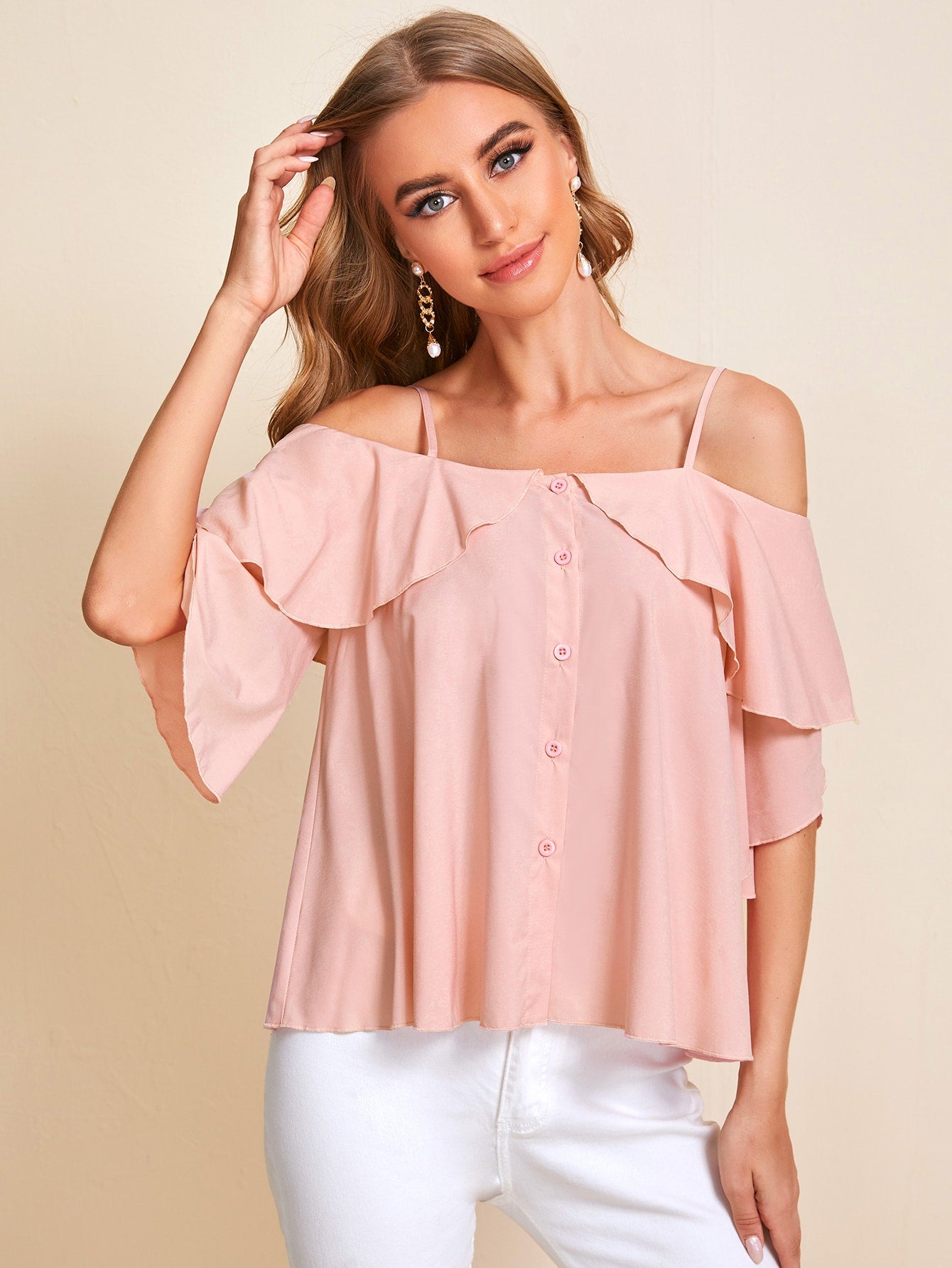 Cold Shoulder Ruffle Trim Blouse