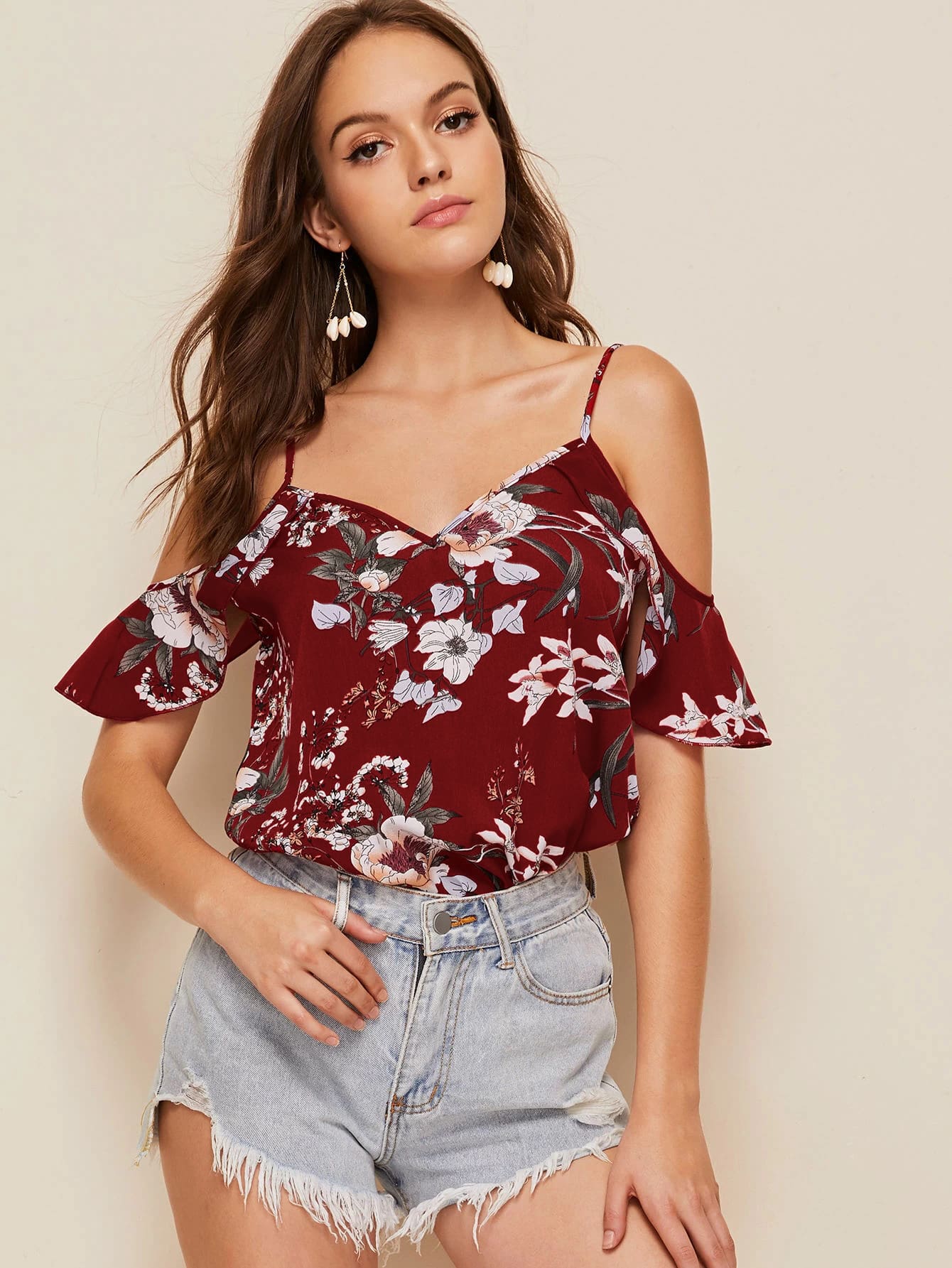 Cold Shoulder Ruffle Trim Floral Top