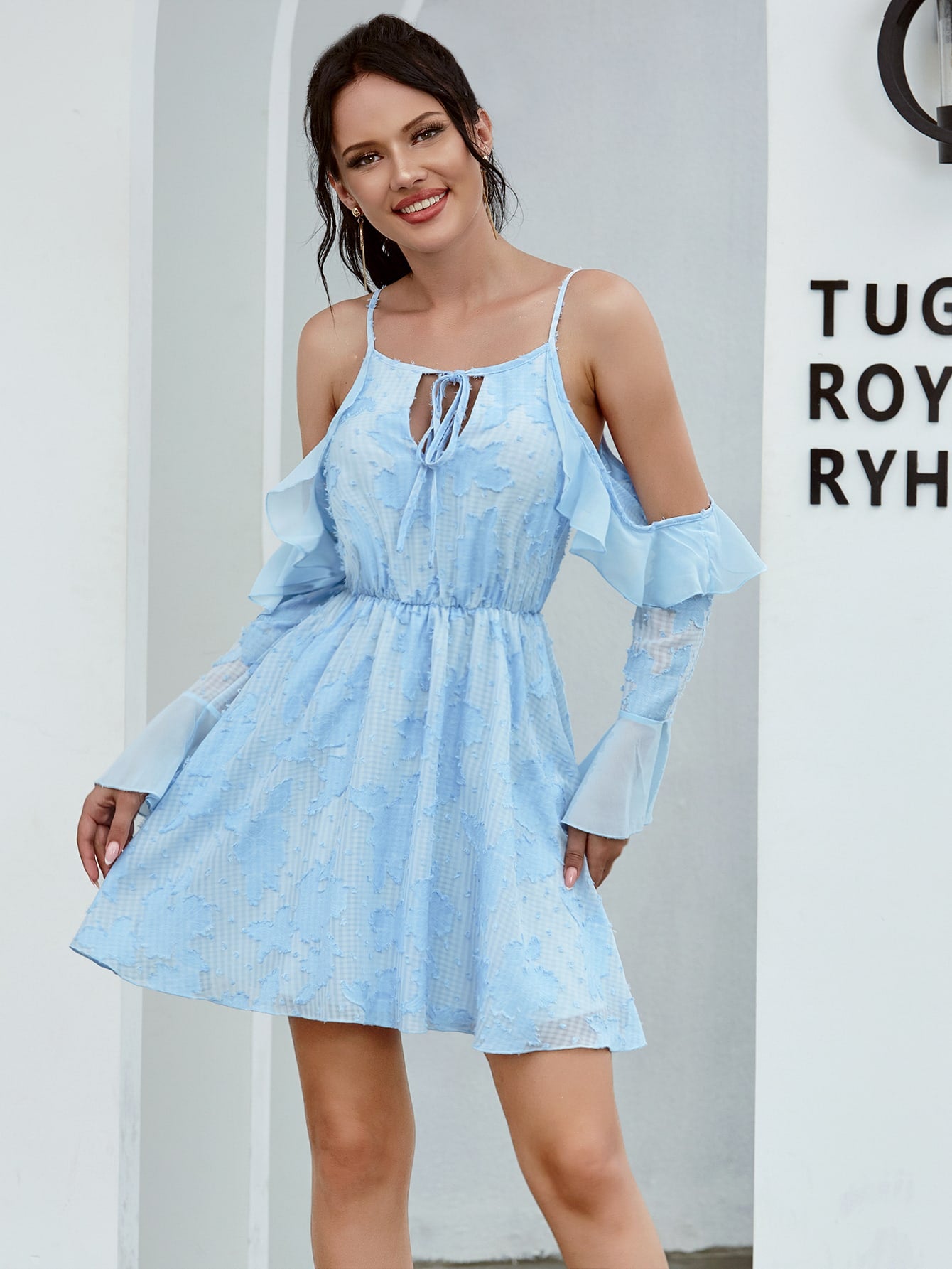 Cold Shoulder Tie Front Ruffle Trim Dress