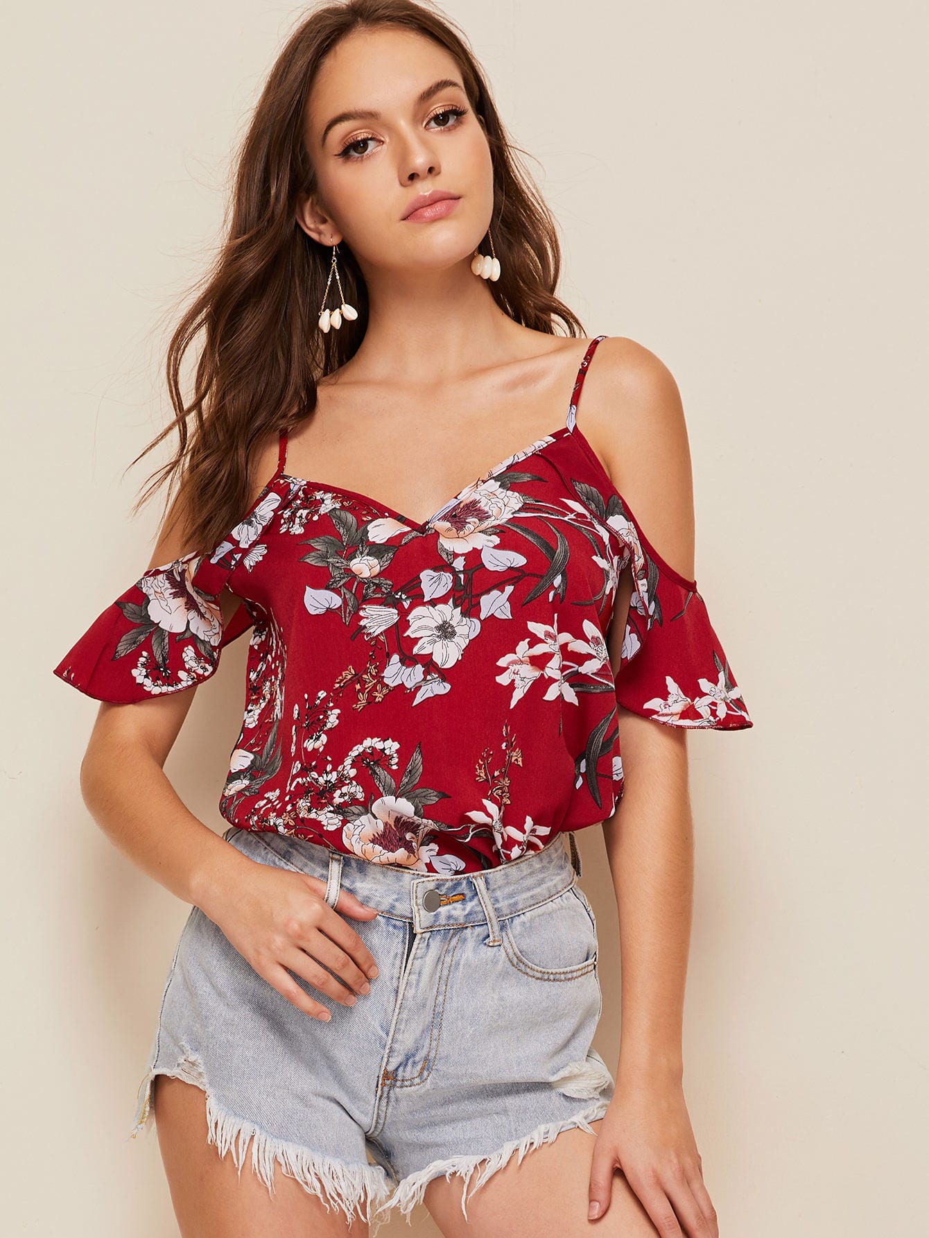 Cold Shoulder Tropical Print Top