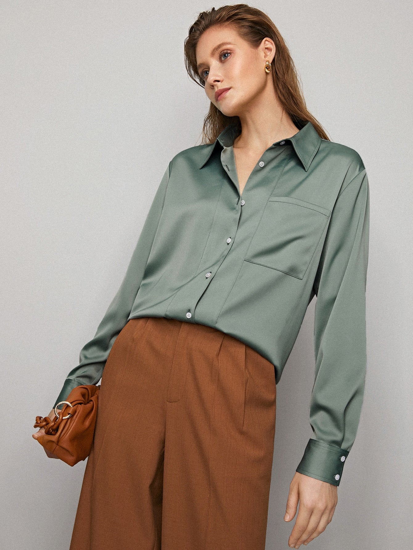 Collared Pocket Front Contrast Stitch Blouse