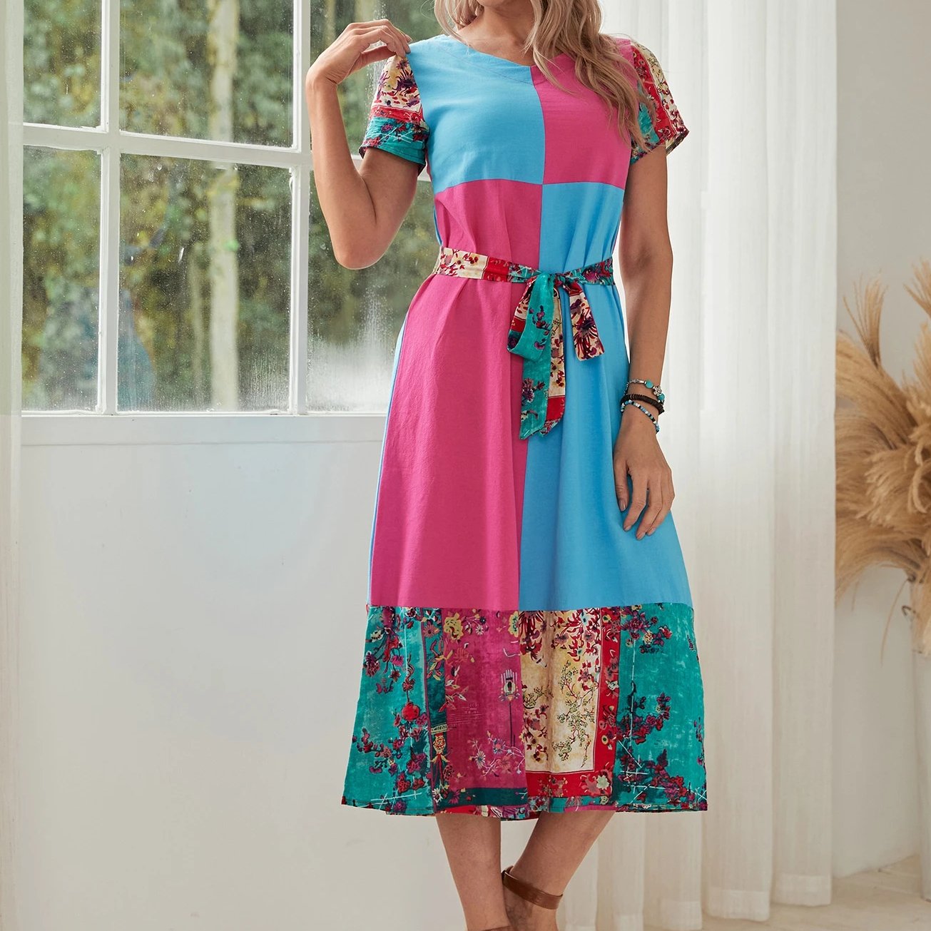 Color Block Print Belted Dress