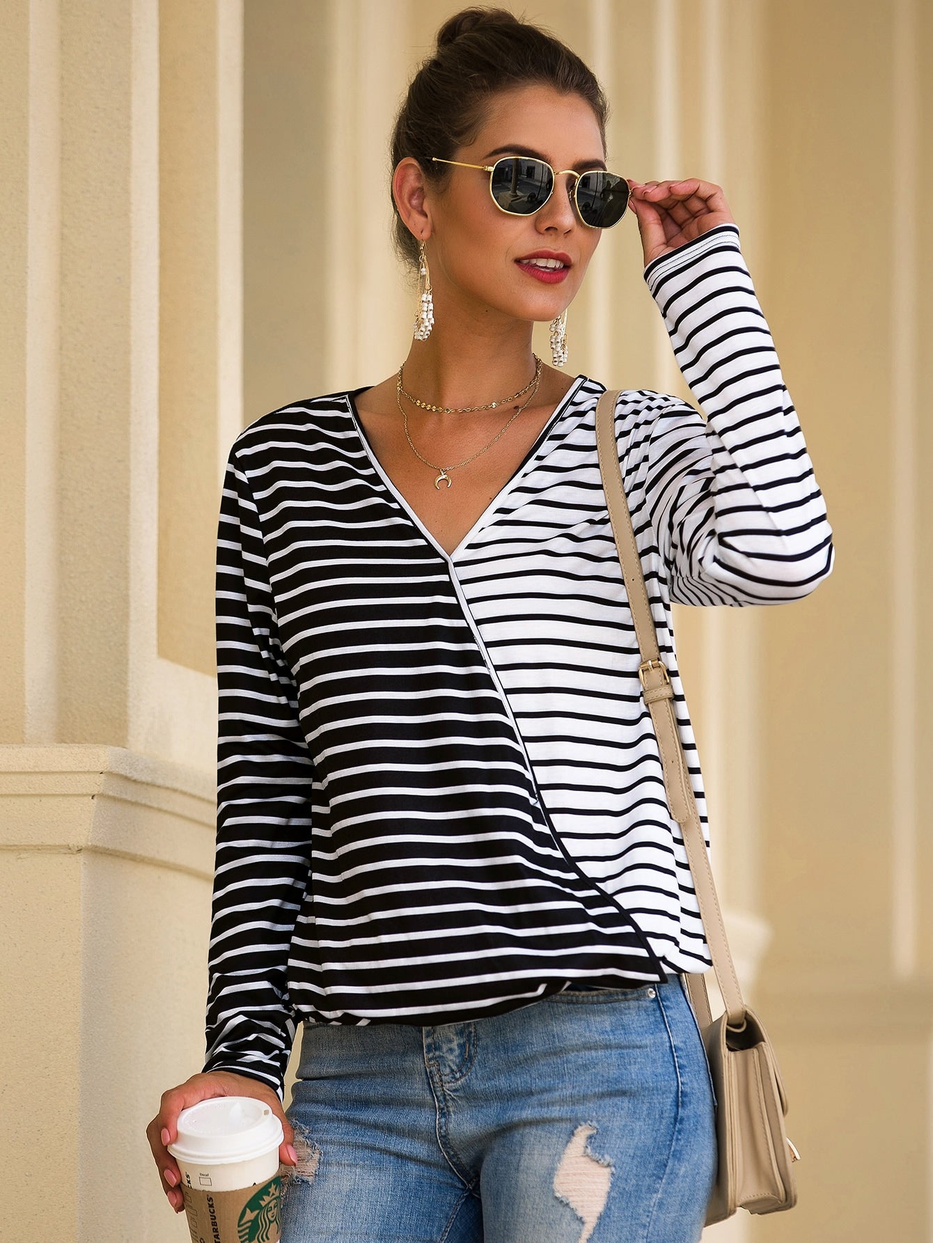 Color-block Striped V-neck Tee