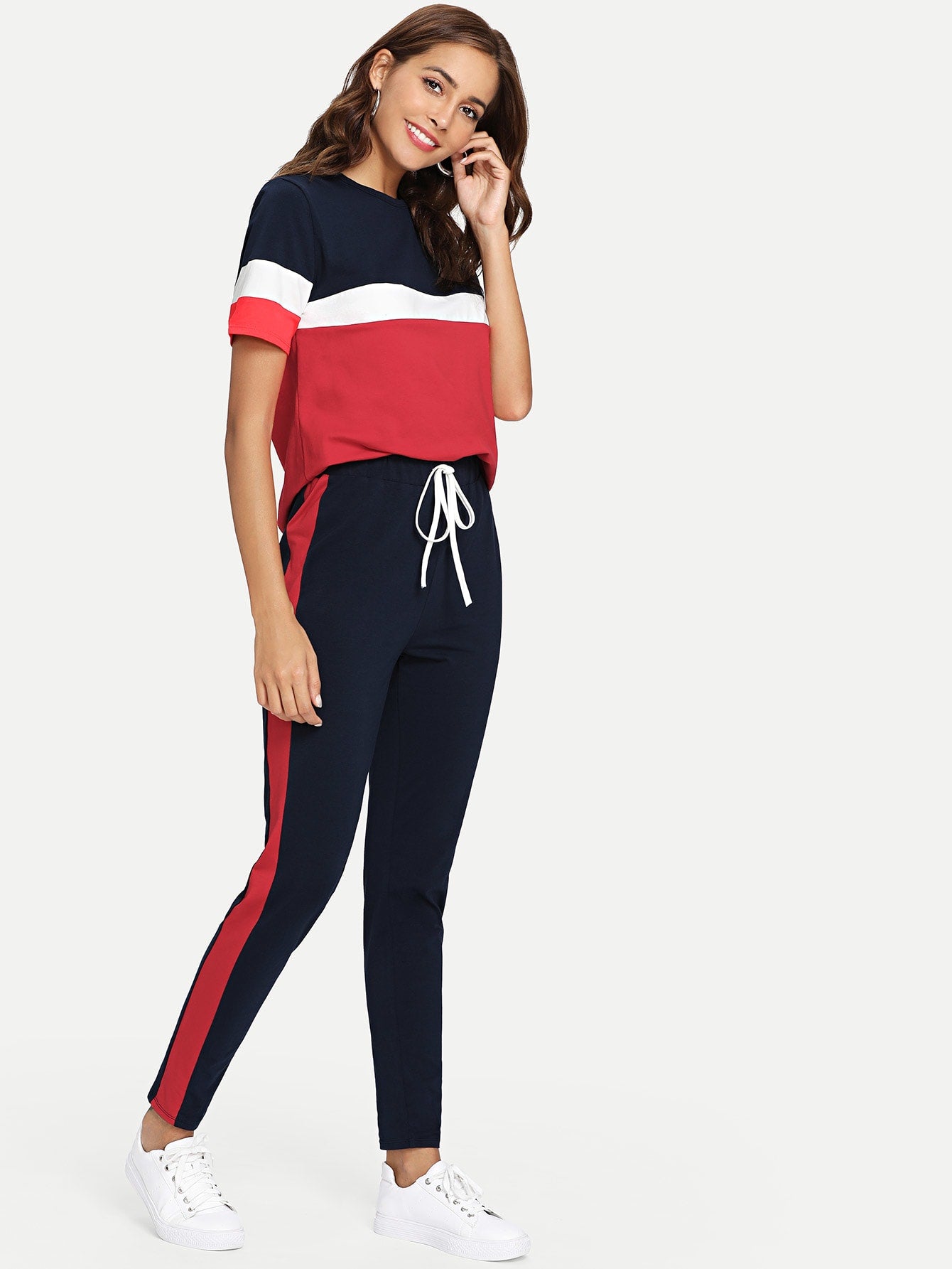 Color Block Tee & Drawstring Tape Pants Set