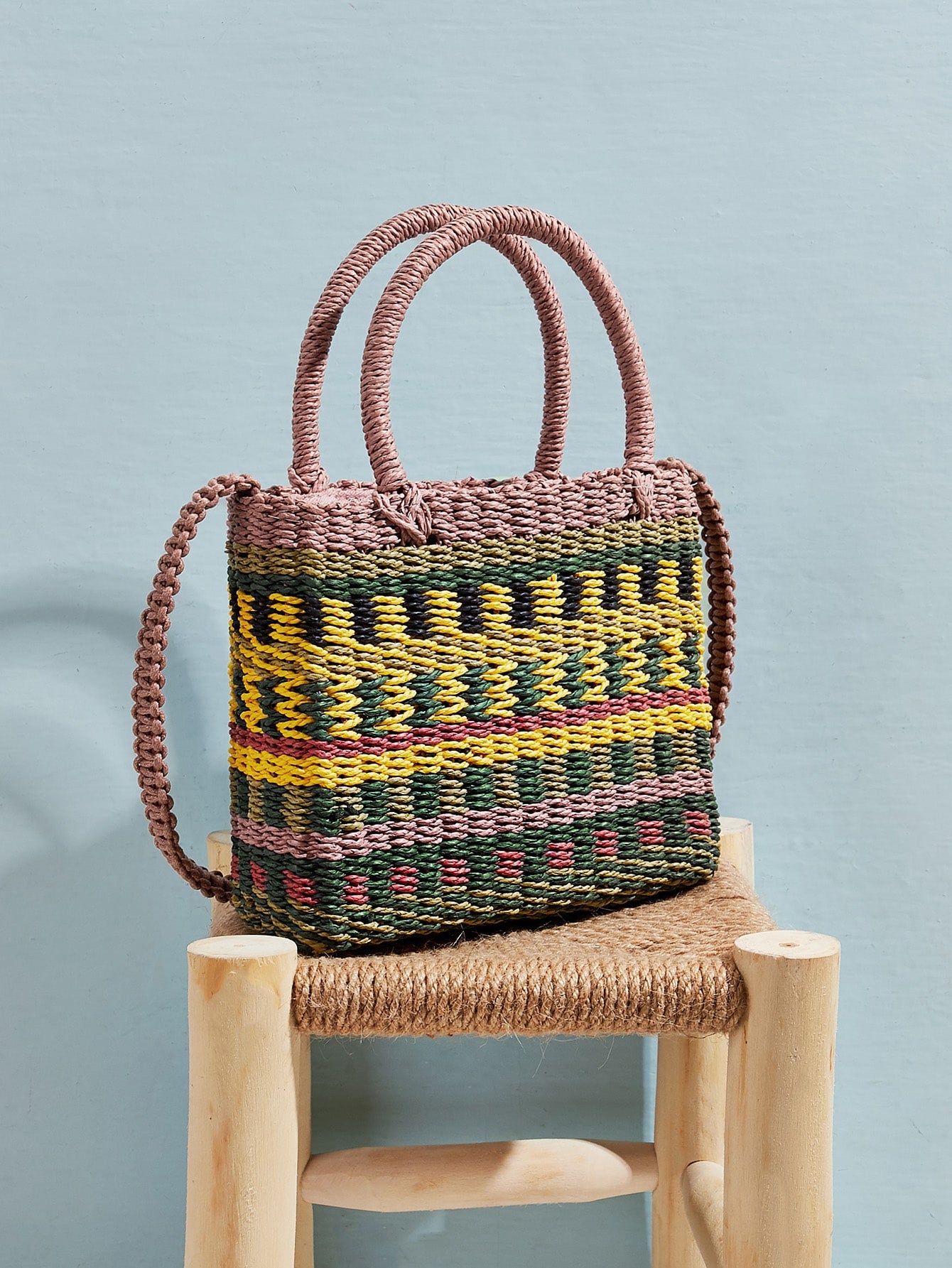 Color-block Woven Raffia Satchel Bag