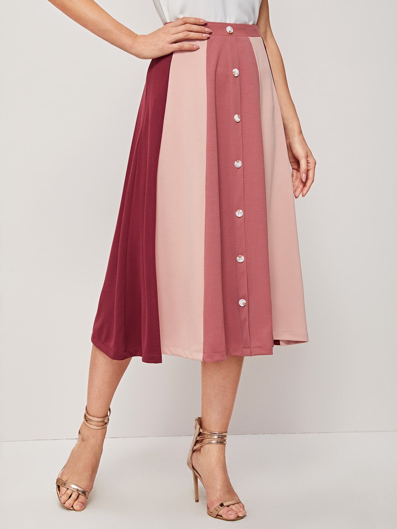 Colorblock Button Up A-line Skirt