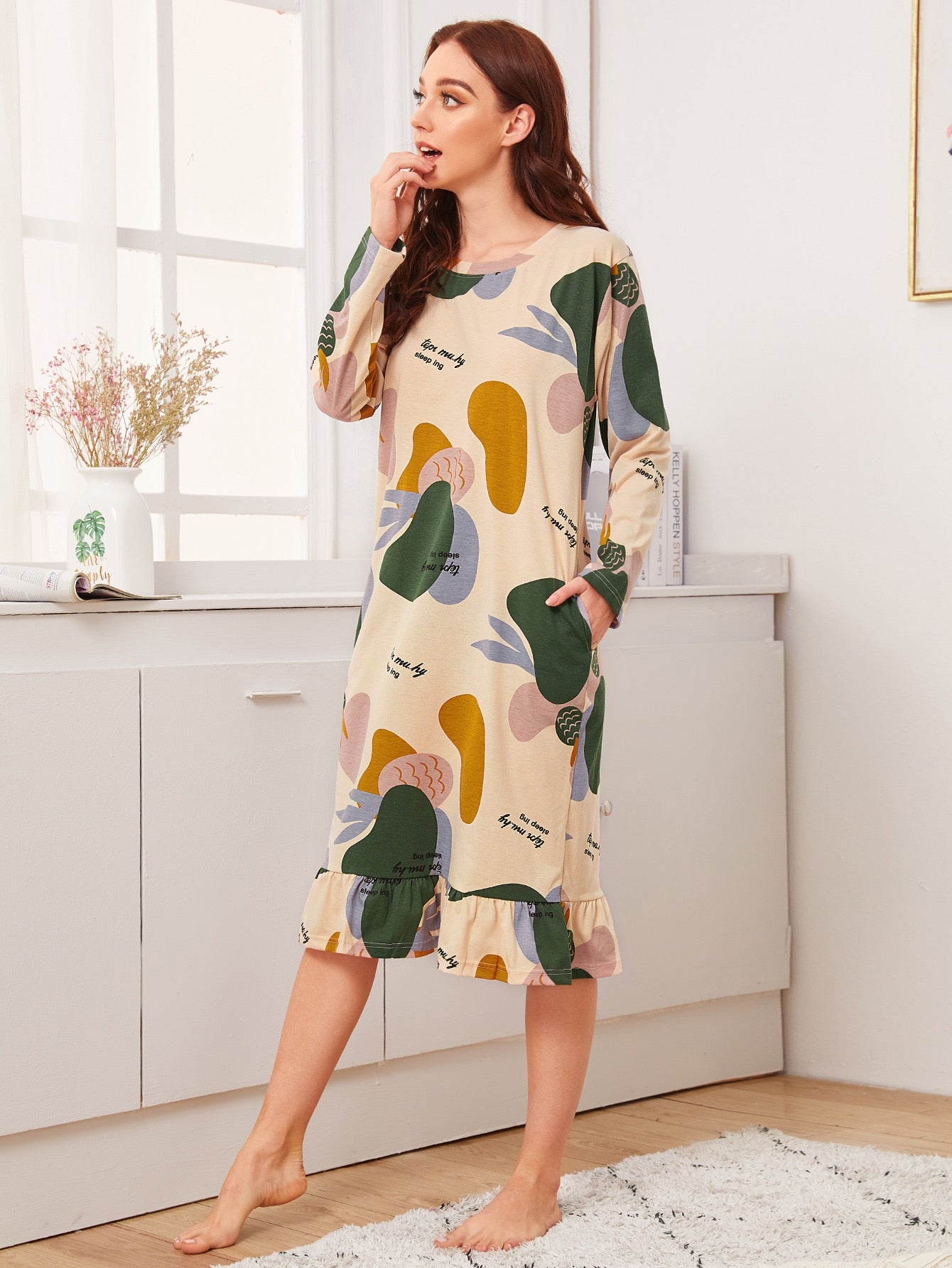 Colorblock Fruit Print Ruffle Trim Night Dress