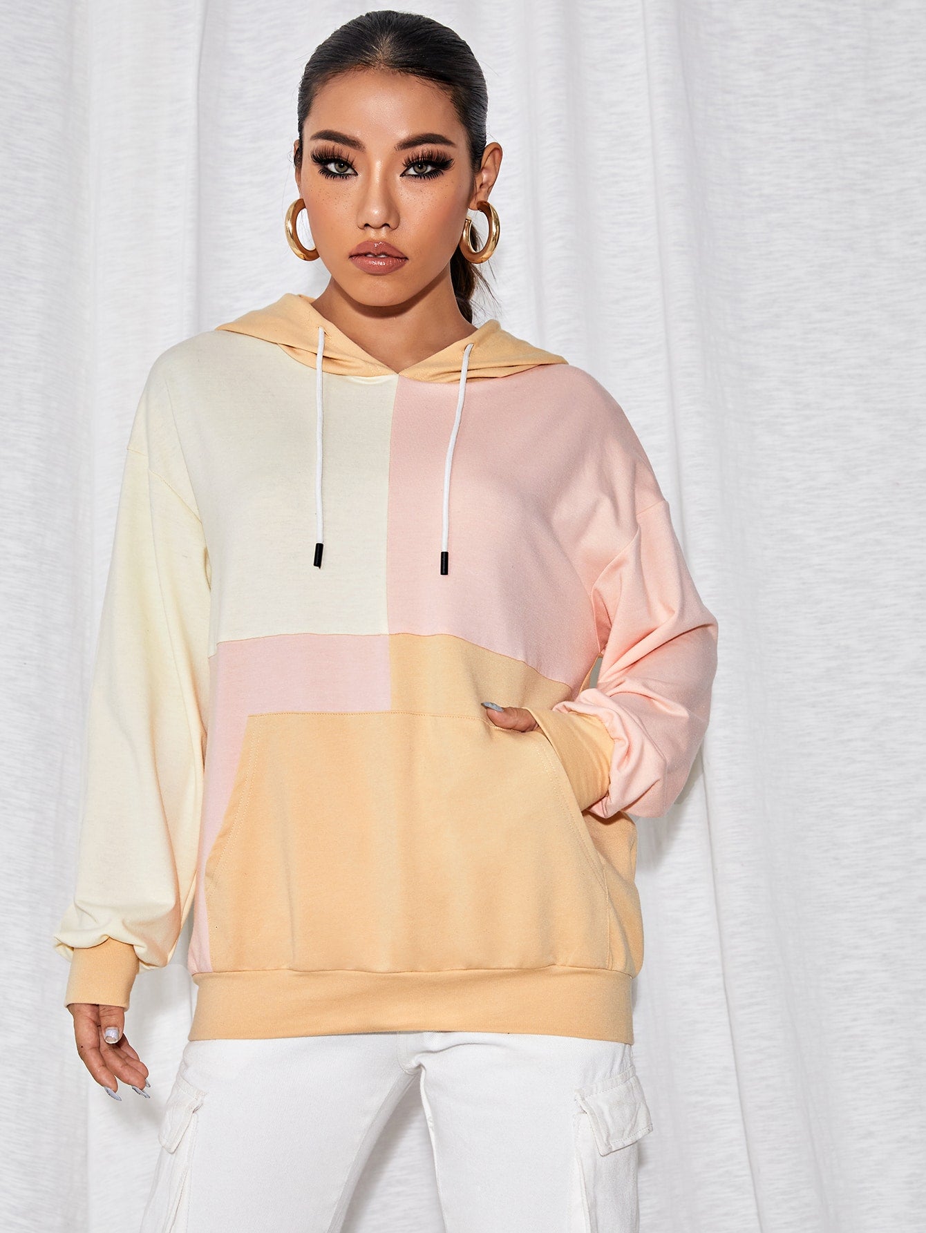 Colorblock Kangaroo Pocket Drawstring Hoodie