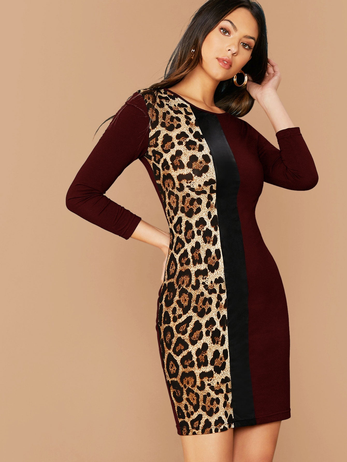 Colorblock Leopard Panel Bodycon Dress