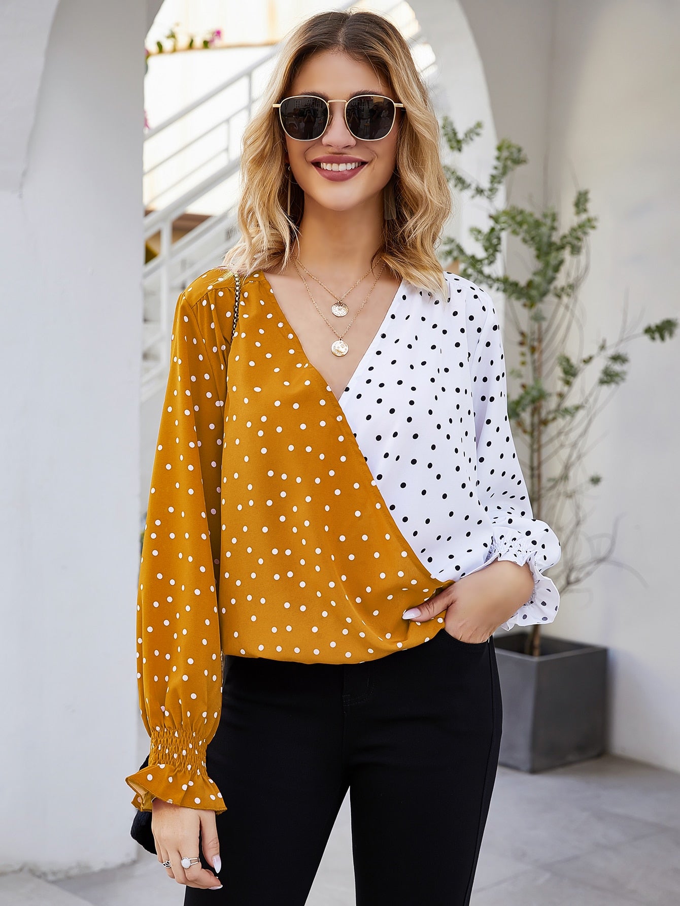 Colorblock Polka Dot Surplice Blouse