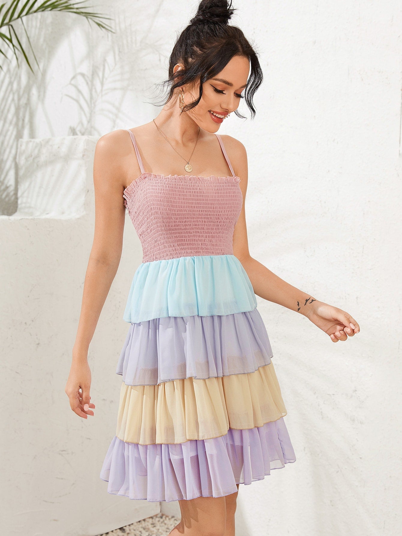 Colorblock Shirred Bodice Tiered Layer Chiffon Cami Dress