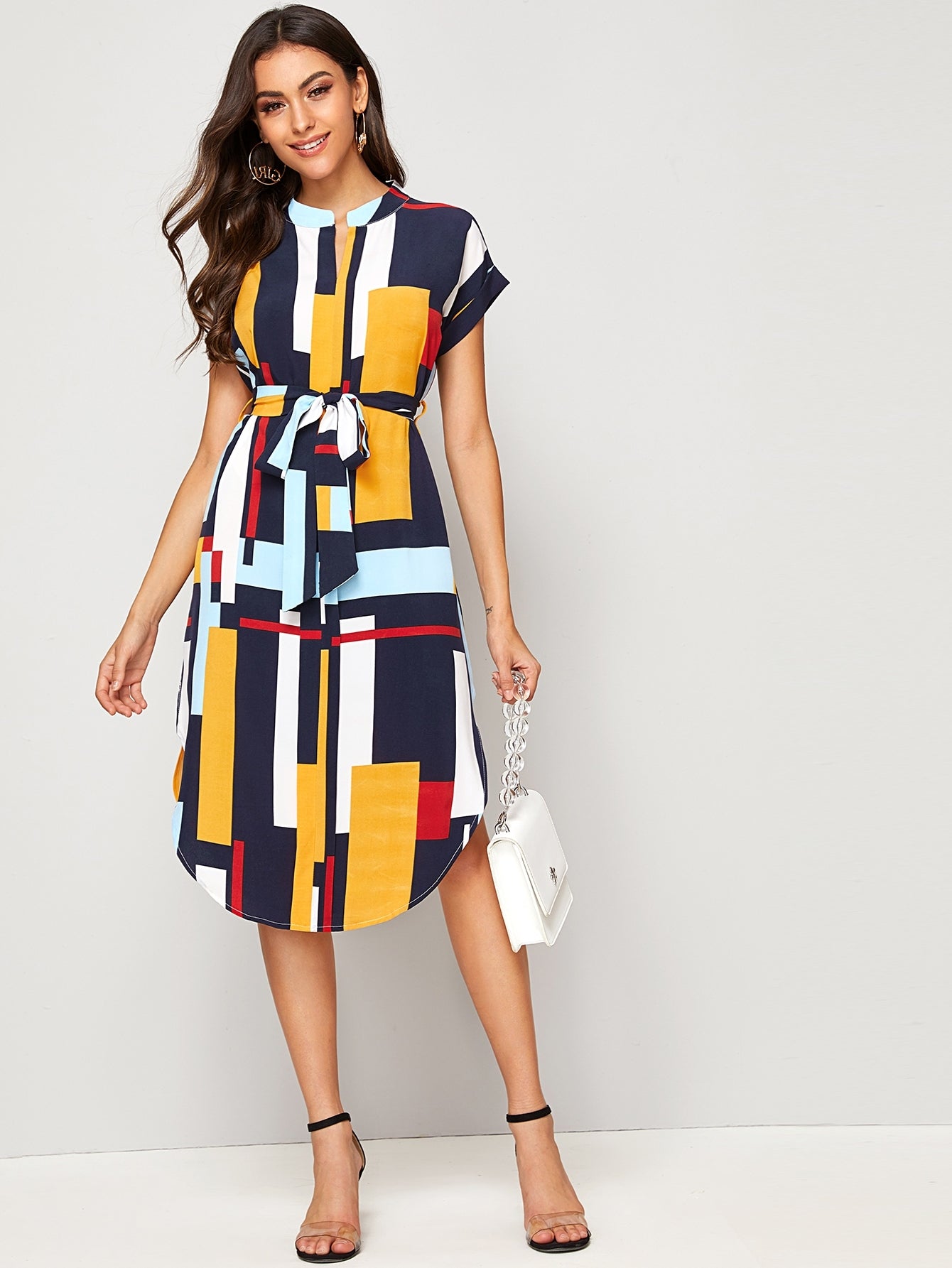 Colorful Geo Print Self Tie Curved Hem Dress