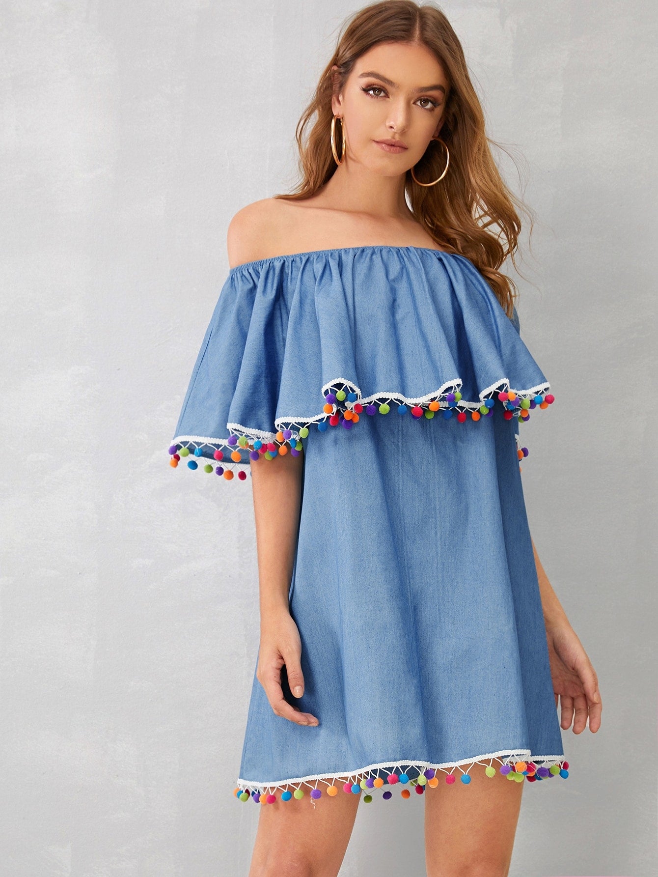 Colorful Pom Pom Off Shoulder Denim Dress