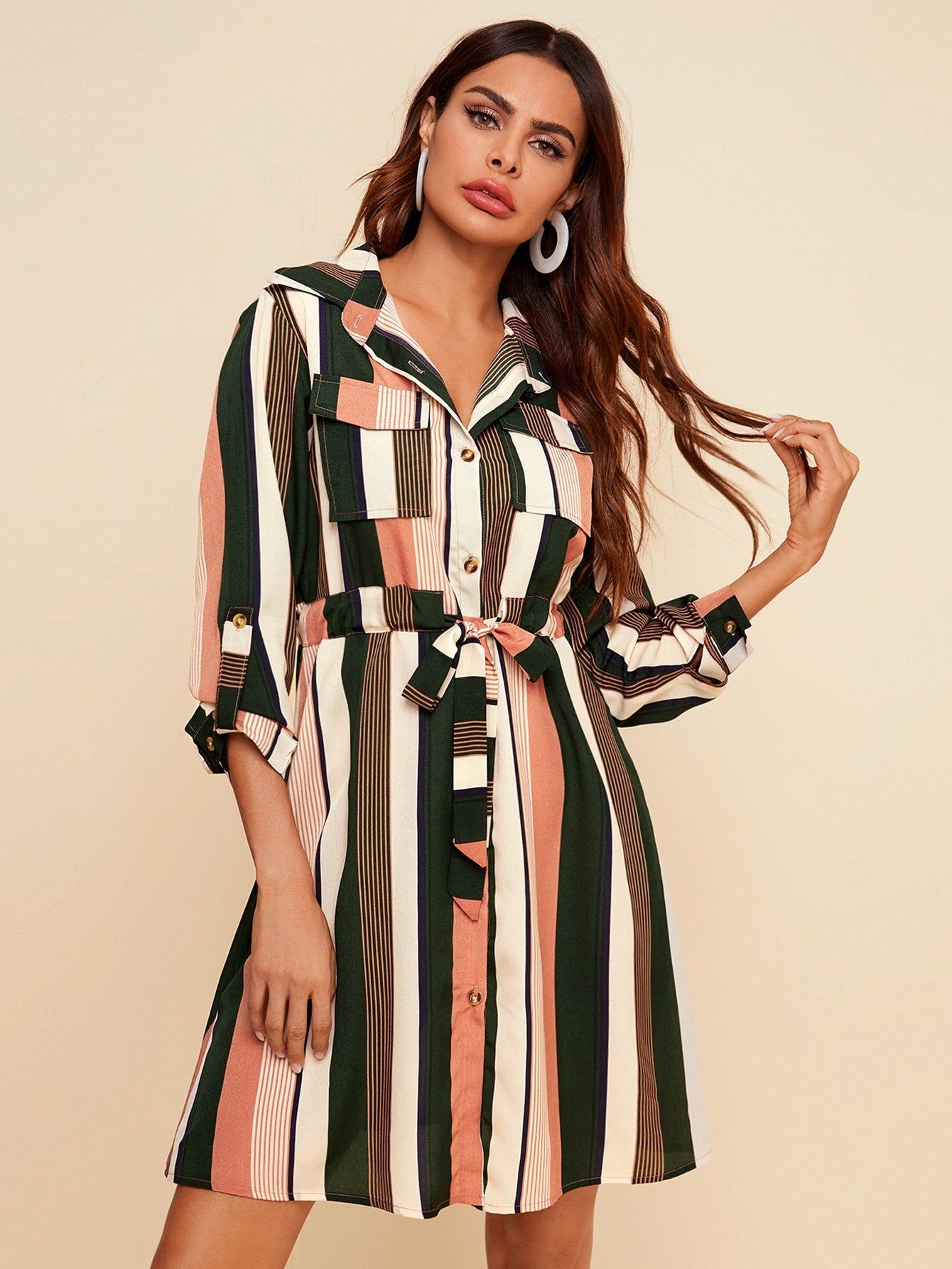 Colorful Stripe Drawstring Waist Shirt Dress