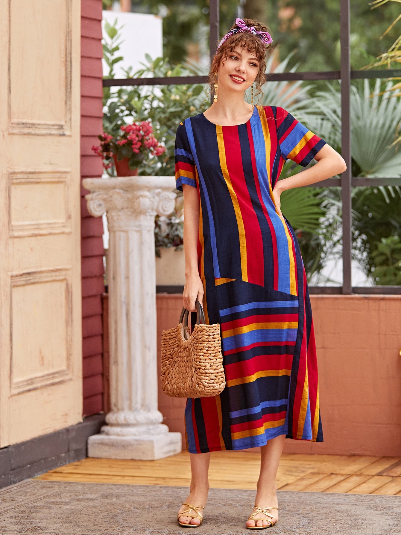 Colorful Stripe Short Sleeve Tunic Dress