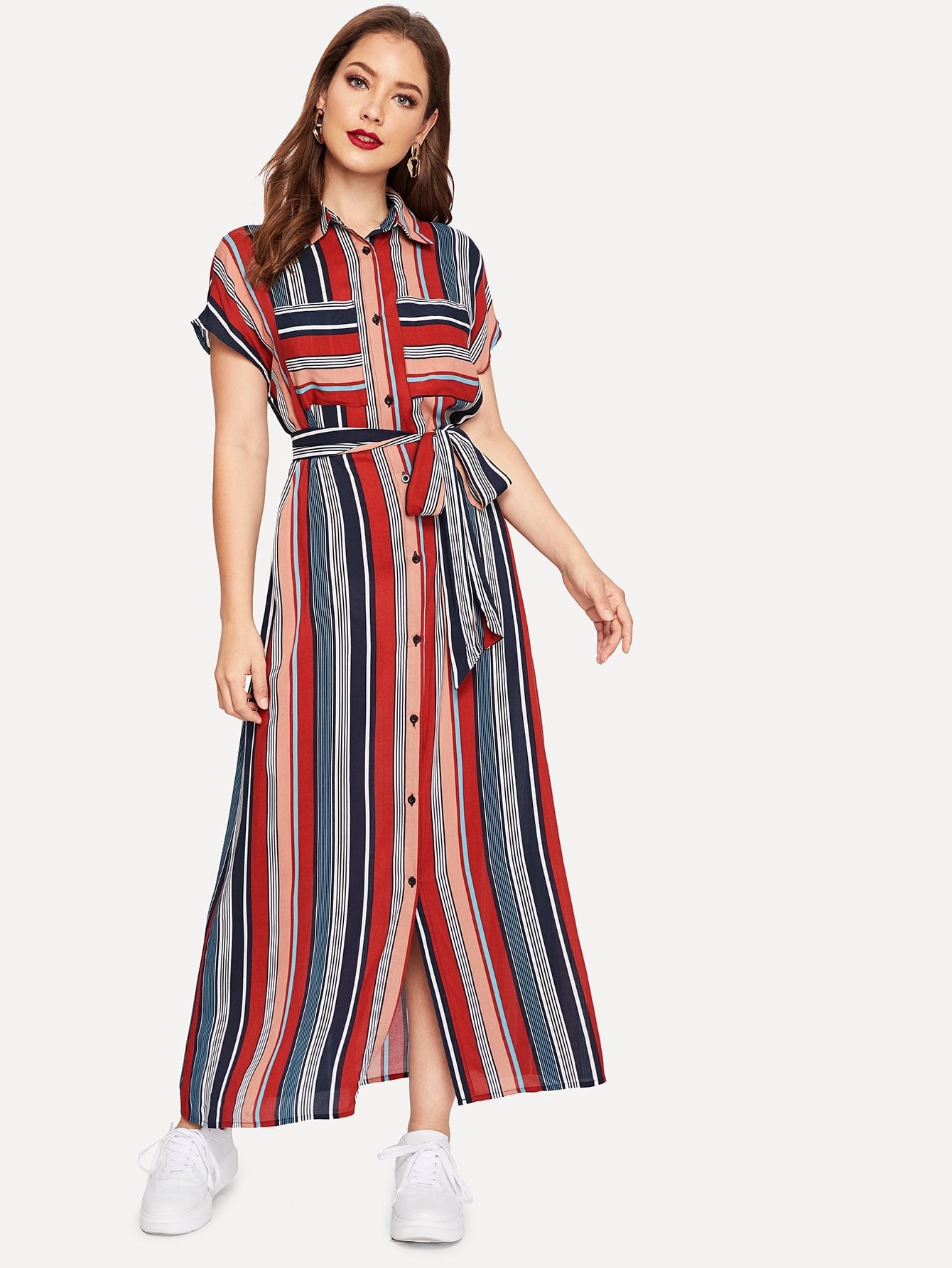 Colorful Striped Belted Hijab Shirt Dress