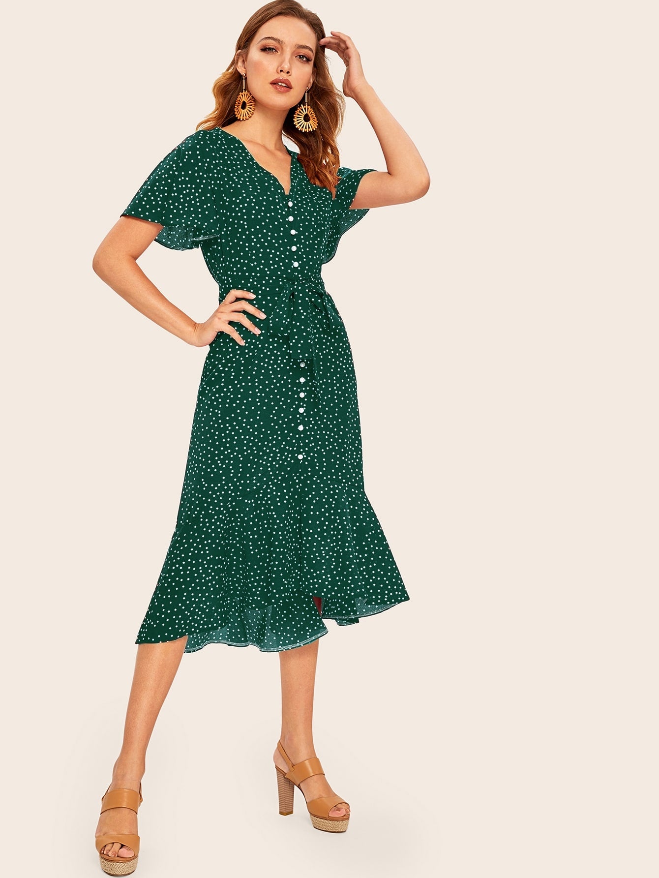 Confetti Dot Print Asymmetrical Hem Belted Dress