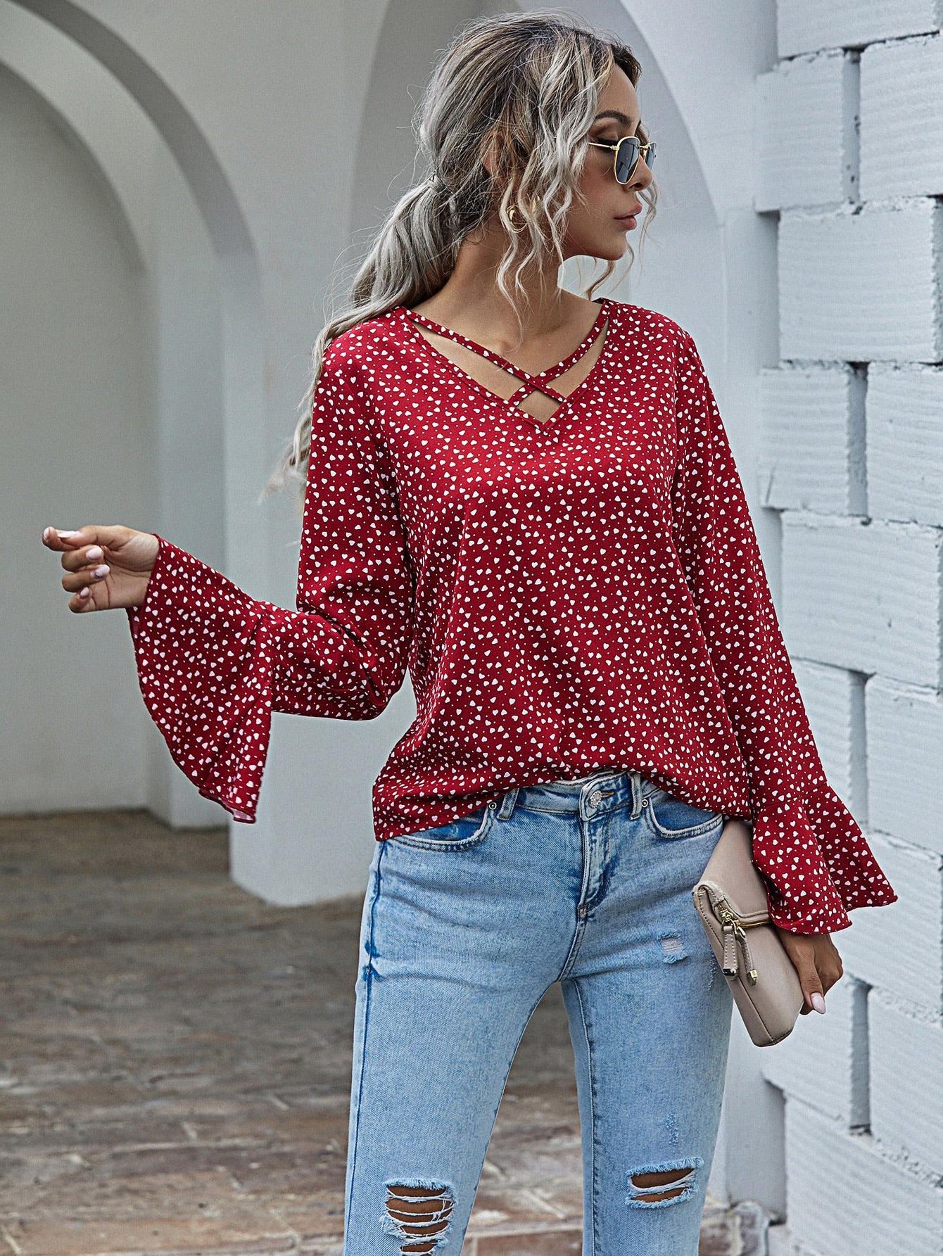 Confetti Heart Criss Cross Neck Blouse