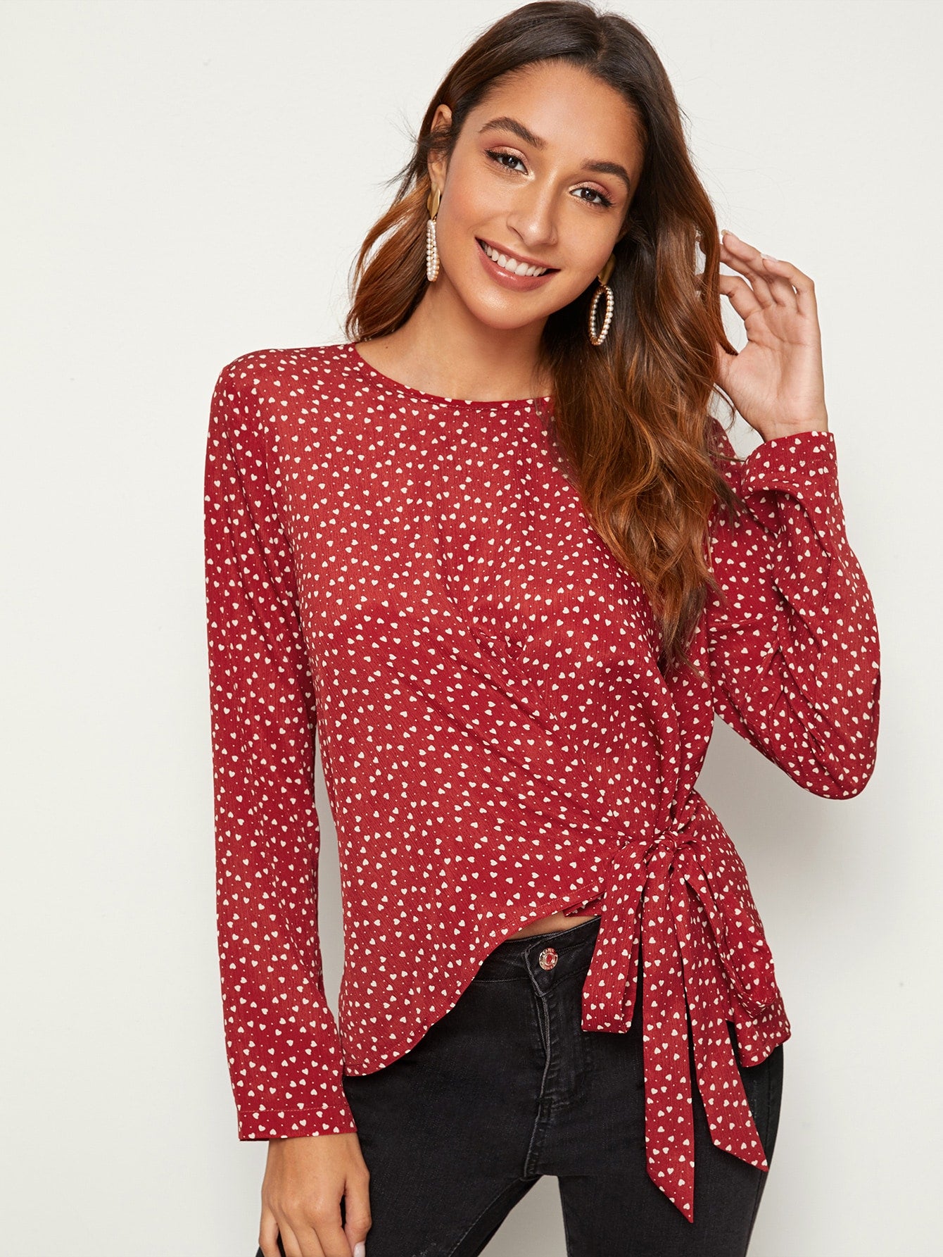 Confetti Heart Print Keyhole Back Knot Hem Top