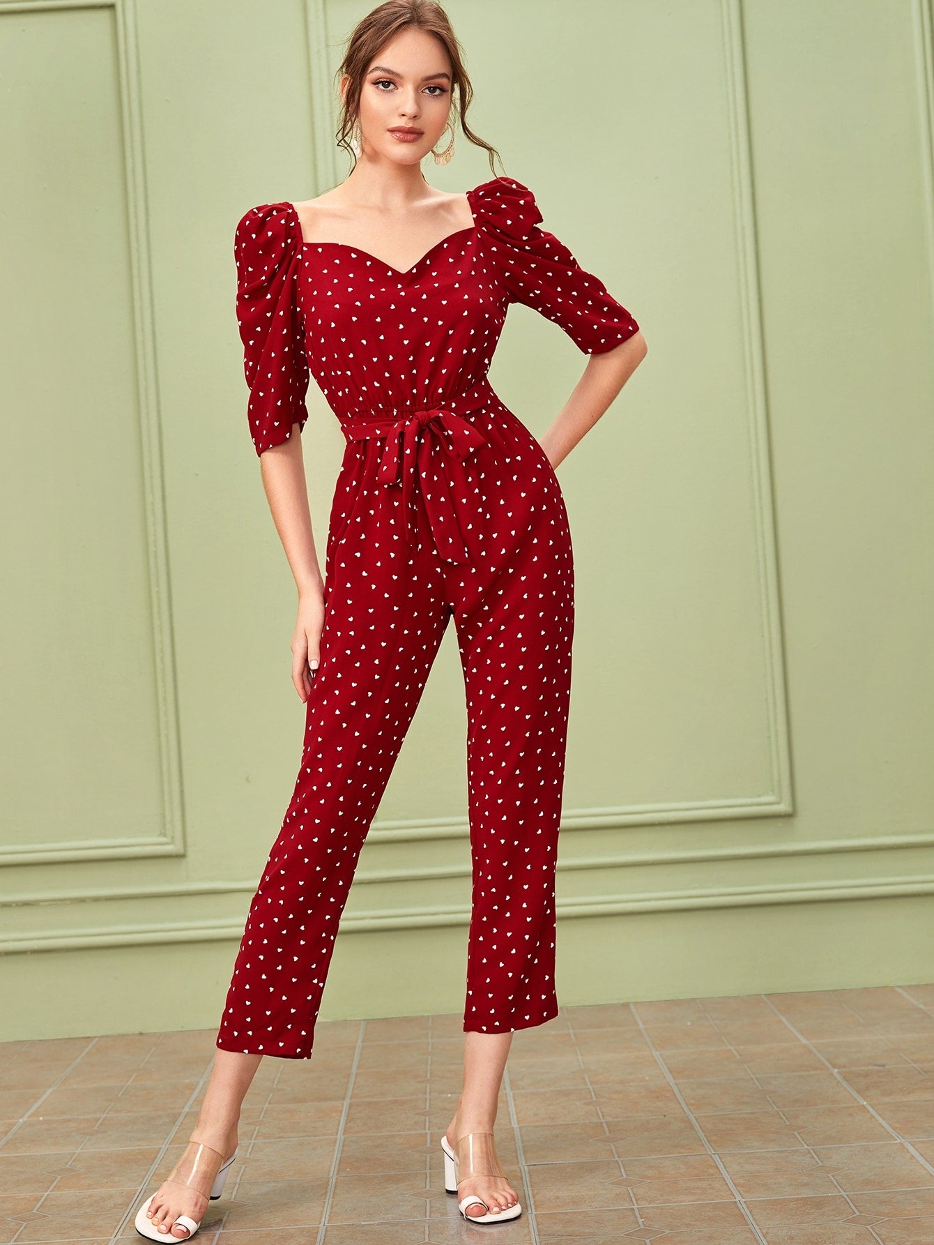 Confetti Heart Print Puff Sleeve Belted Jumpsuit