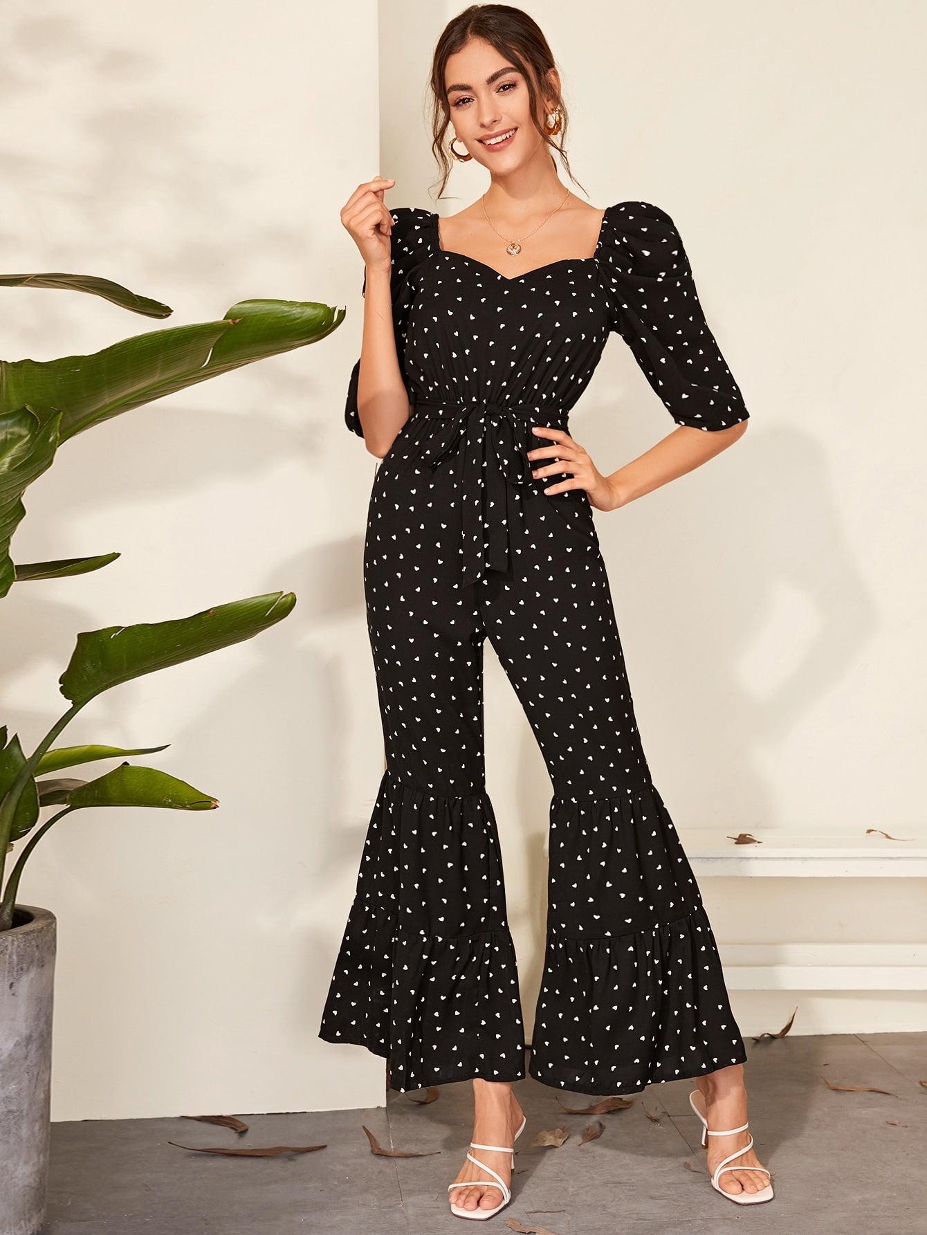 Confetti Heart Print Sweetheart Neck Belted Jumpsuit