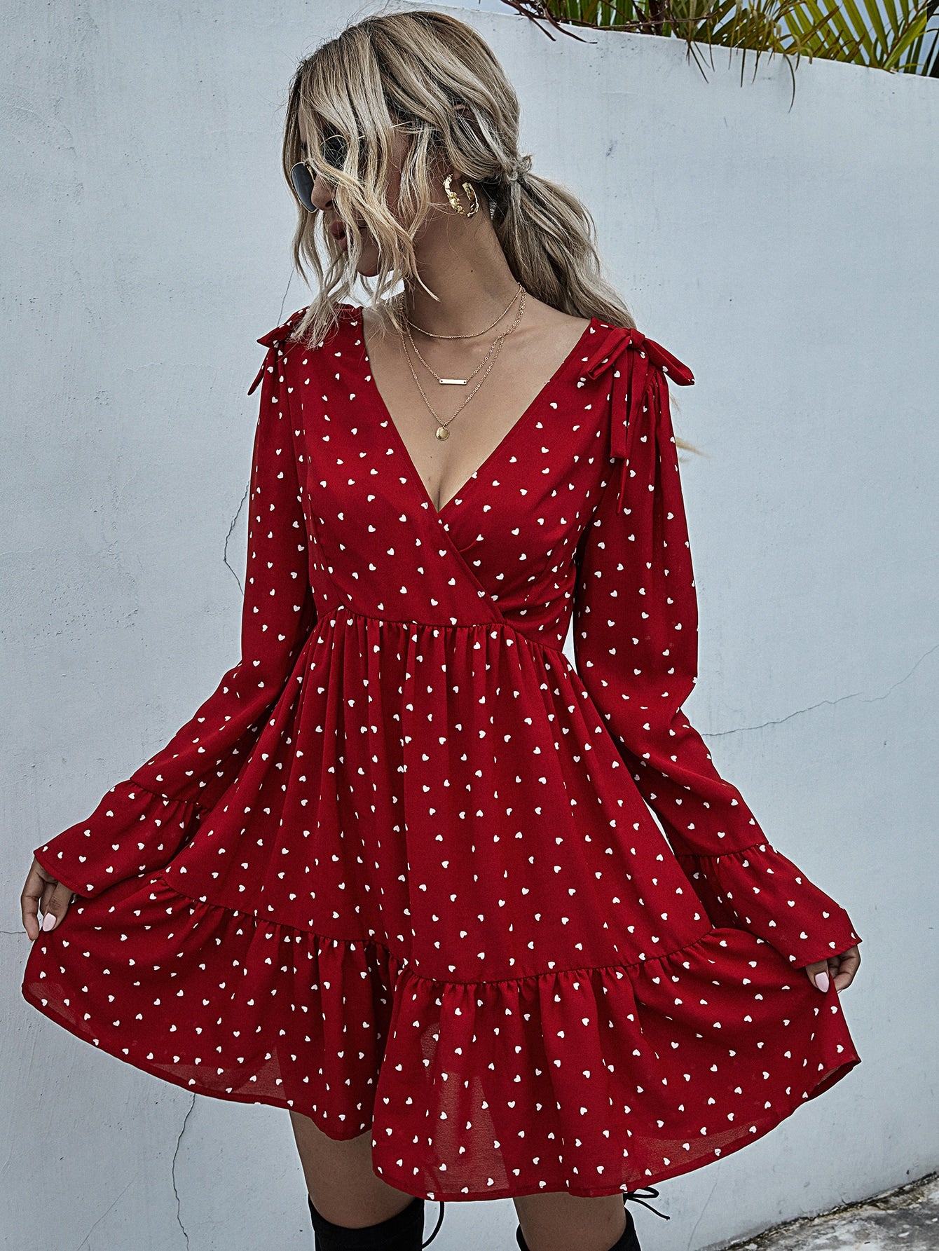 Confetti Heart Surplice Front Ruffle Hem Dress