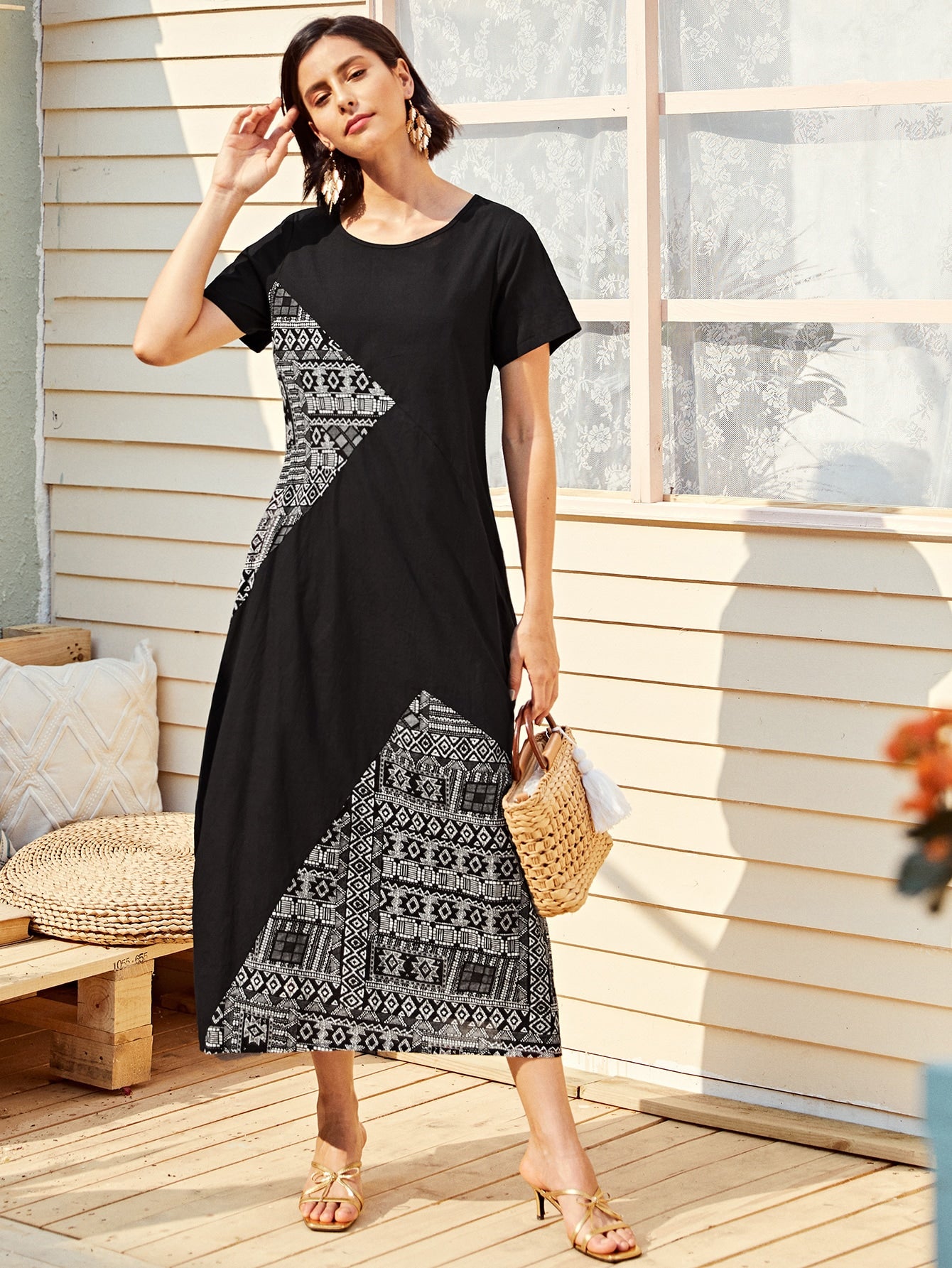 Contrast Aztec Panel Long Dress