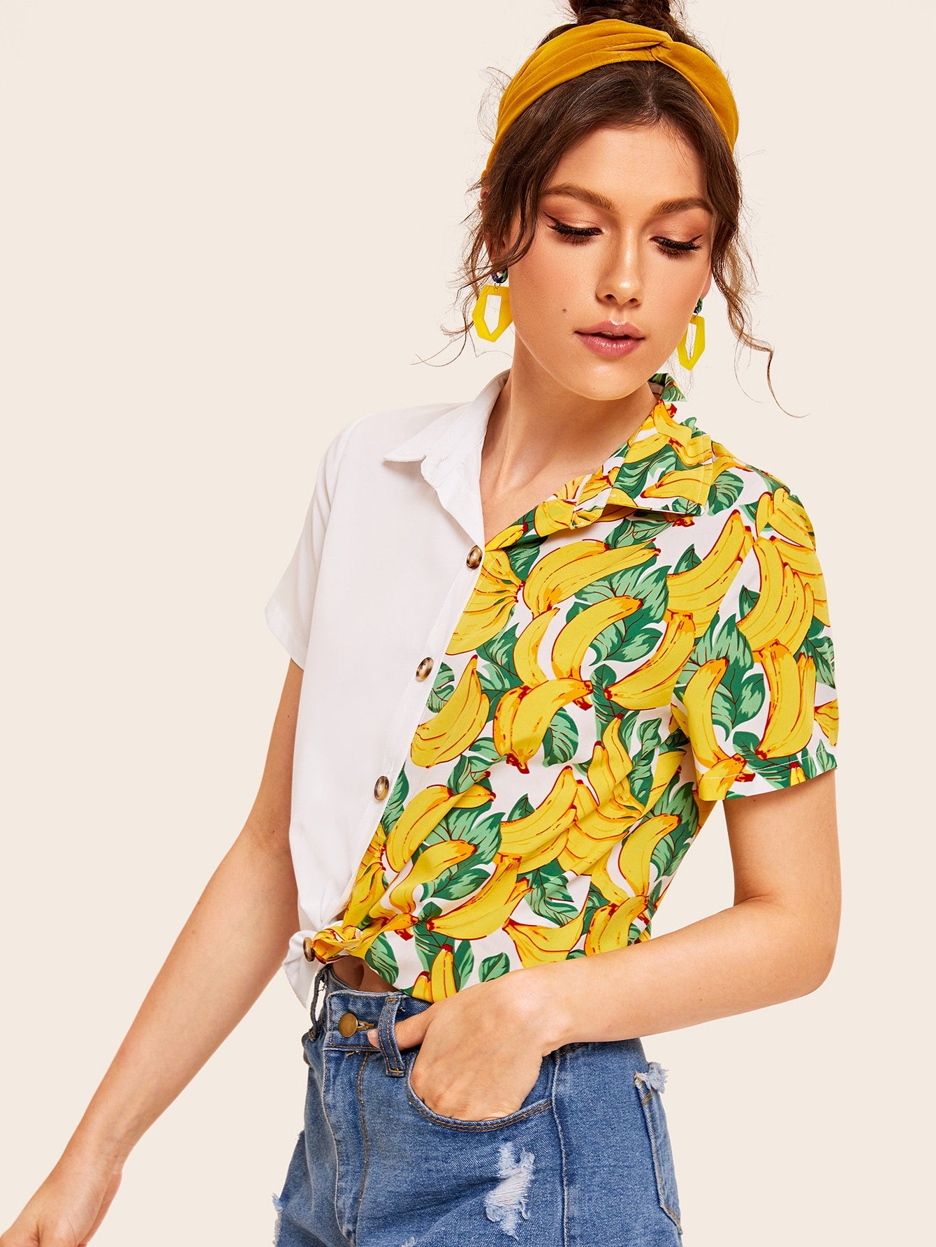 Contrast Banana Print Button Front Blouse