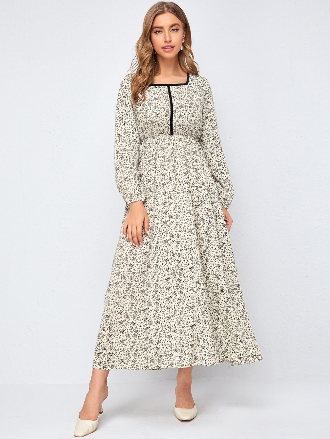 Contrast Binding Ditsy Floral A-line Dress