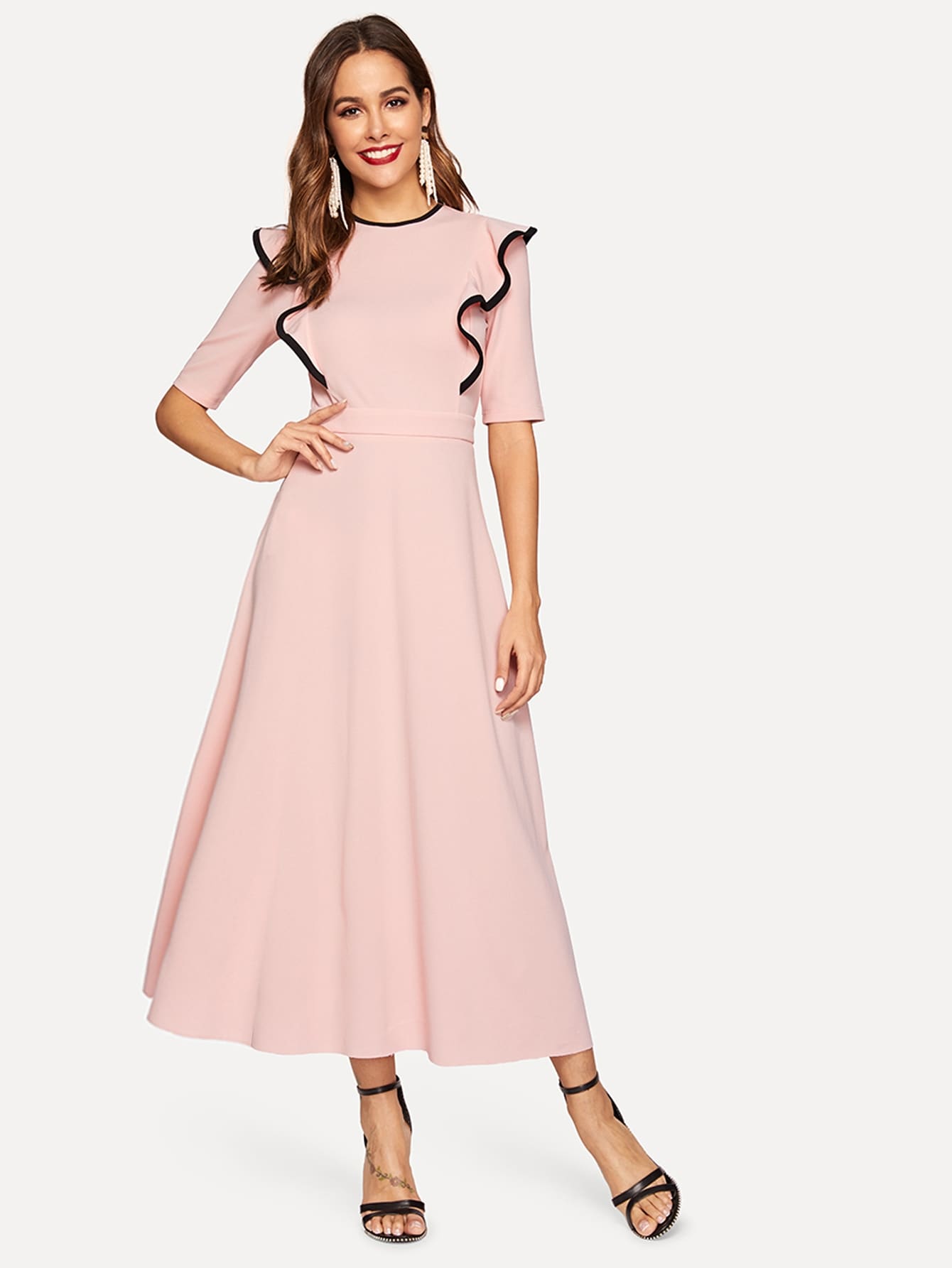 Contrast Binding Ruffle Trim Fit & Flare Hijab Dress