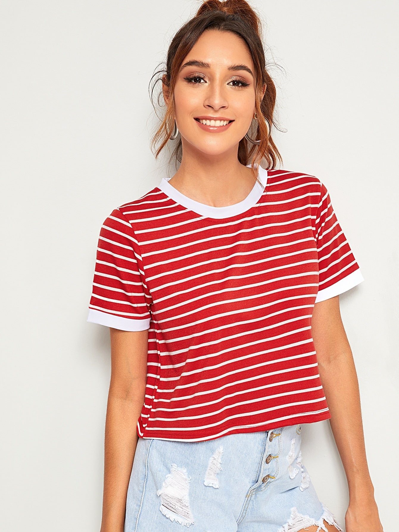 Contrast Binding Striped Tee