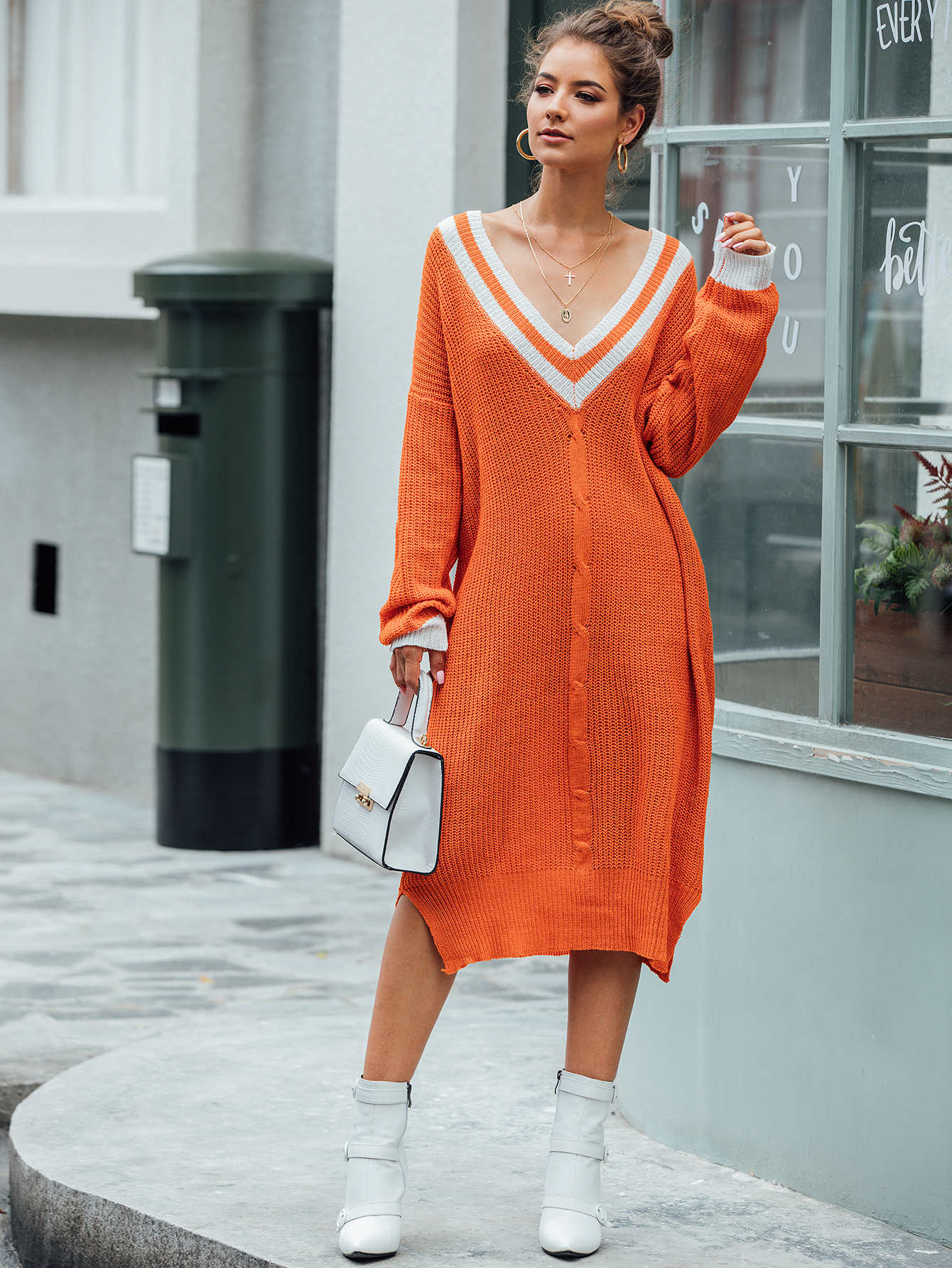 Contrast Binding V Neck Slit Hem Sweater Dress