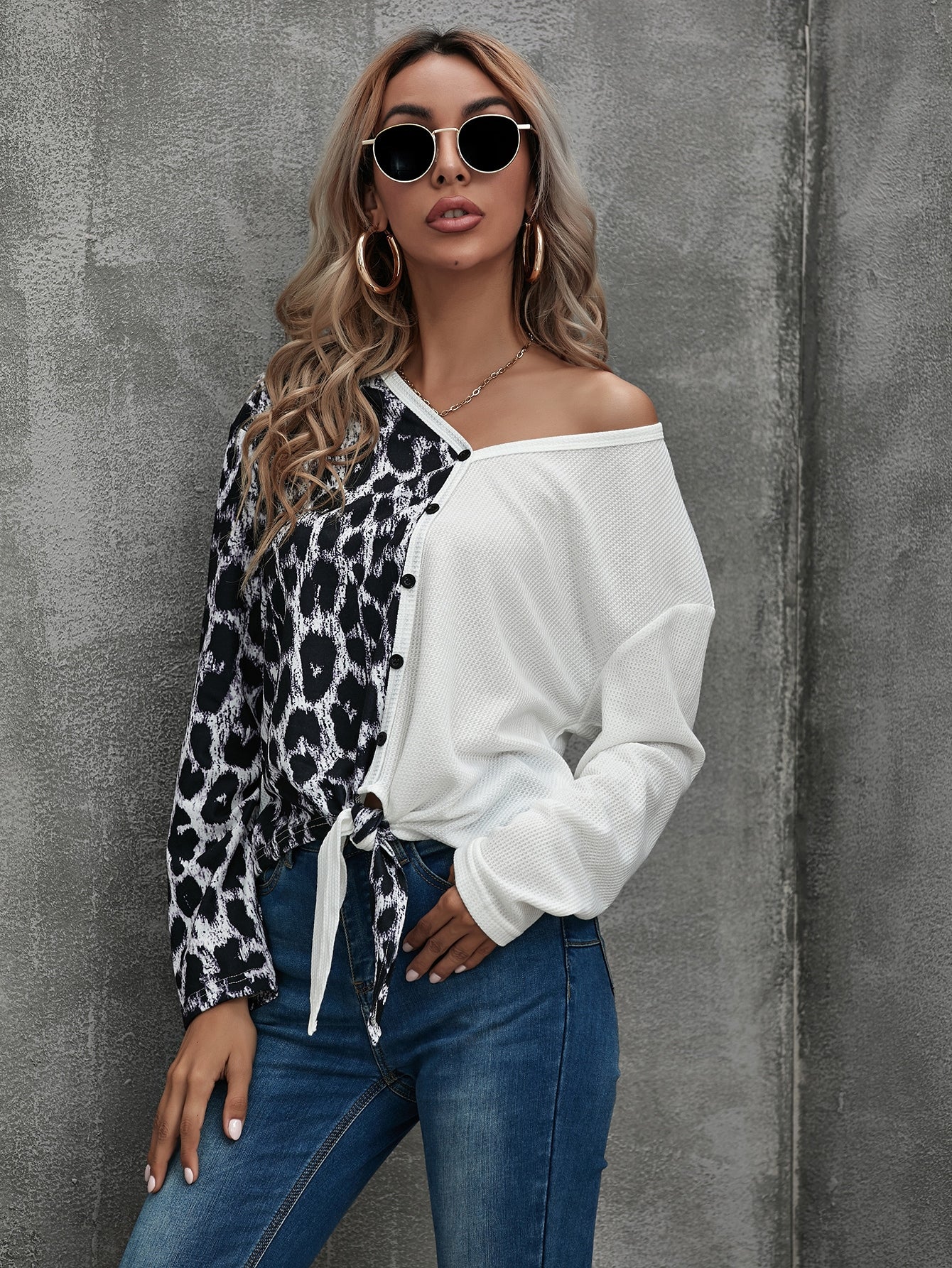 Contrast Cheetah Button Front Knot Hem Tee