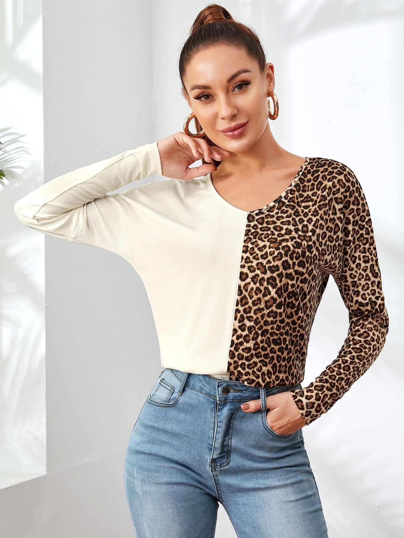 Contrast Cheetah Ribbed Tee