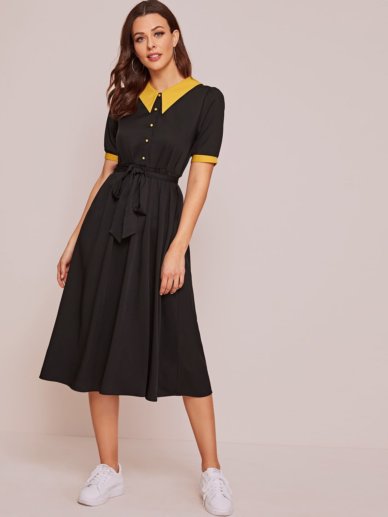 Contrast Collar Button Front Belted Dress