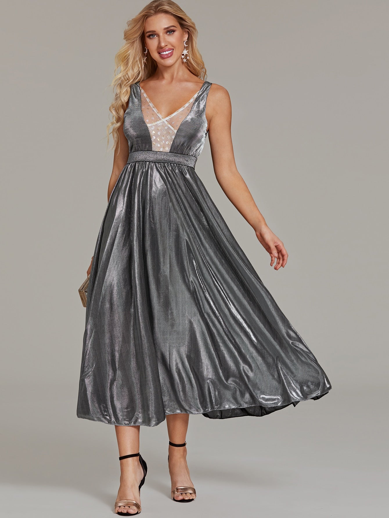 Contrast Dobby Mesh A-line Metallic Dress