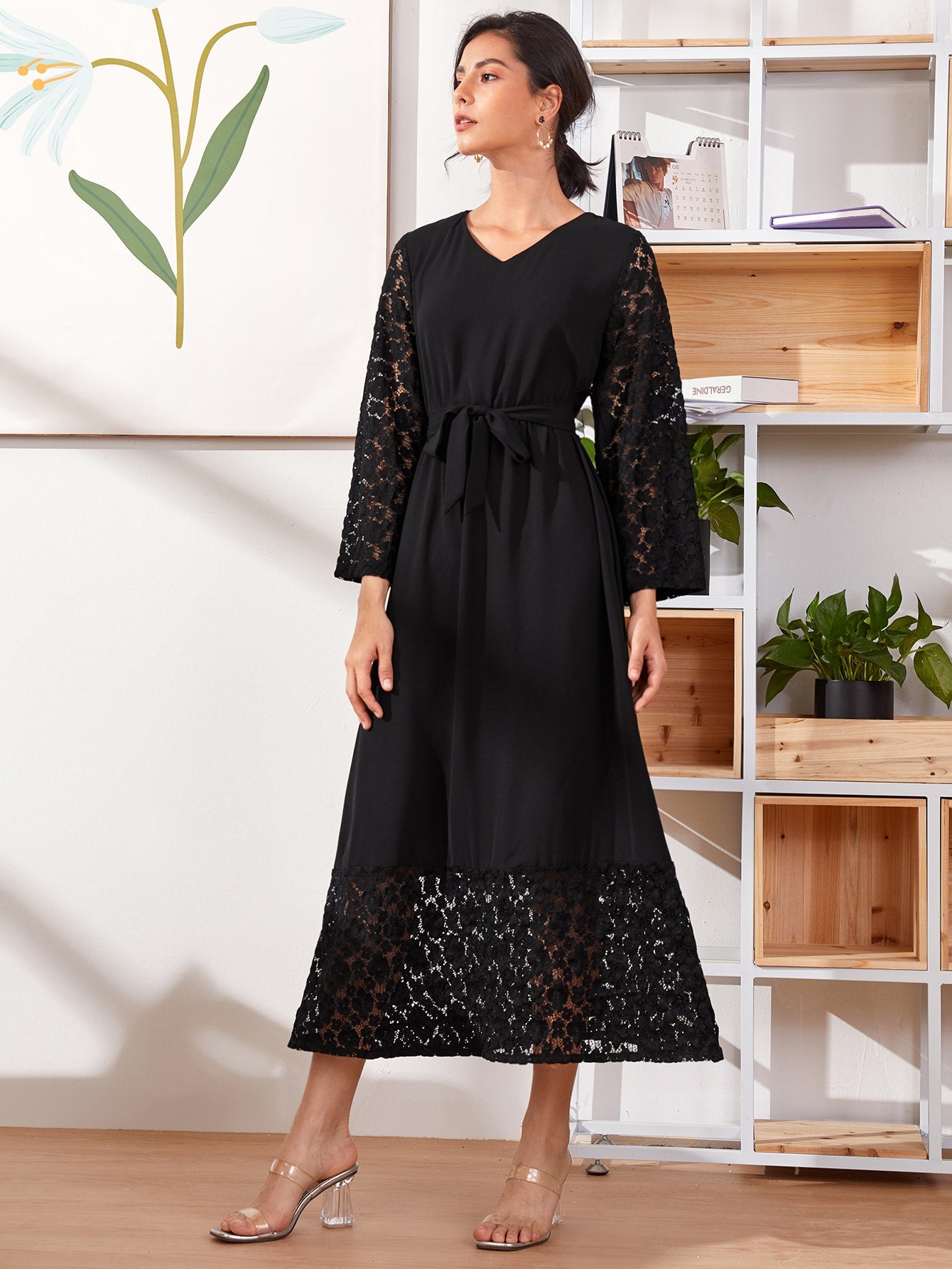 Contrast Lace Belted Chiffon Dress