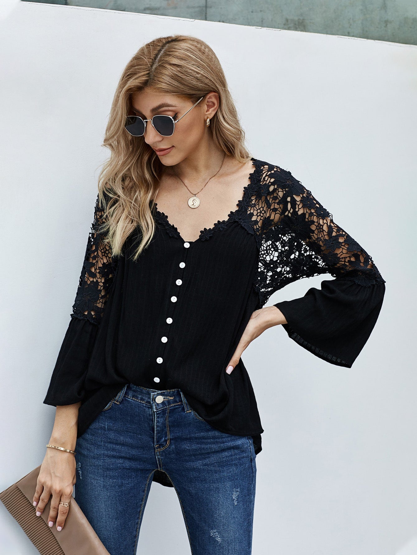 Contrast Lace Button Front Blouse