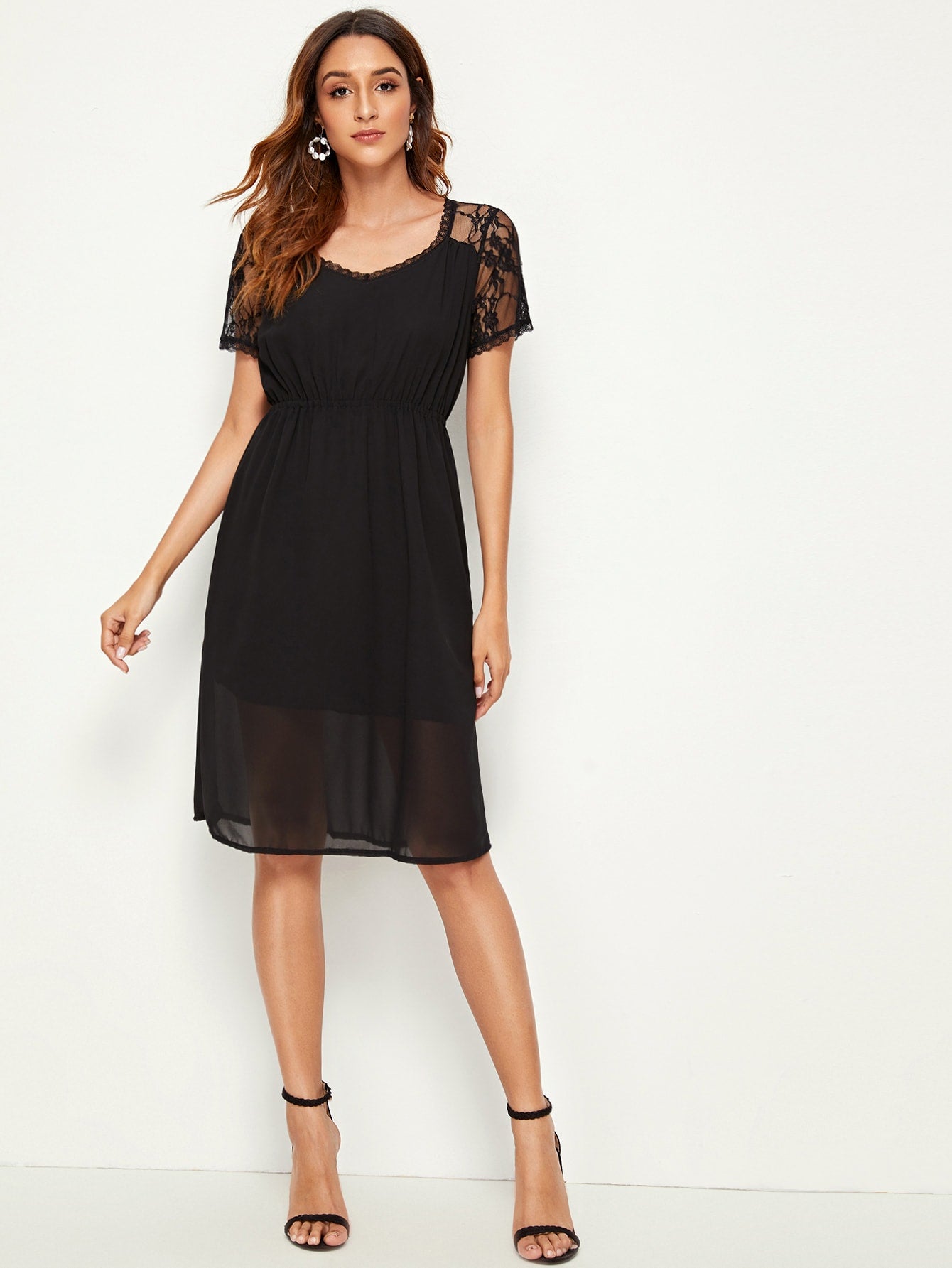 Contrast Lace Button Keyhole Back Dress