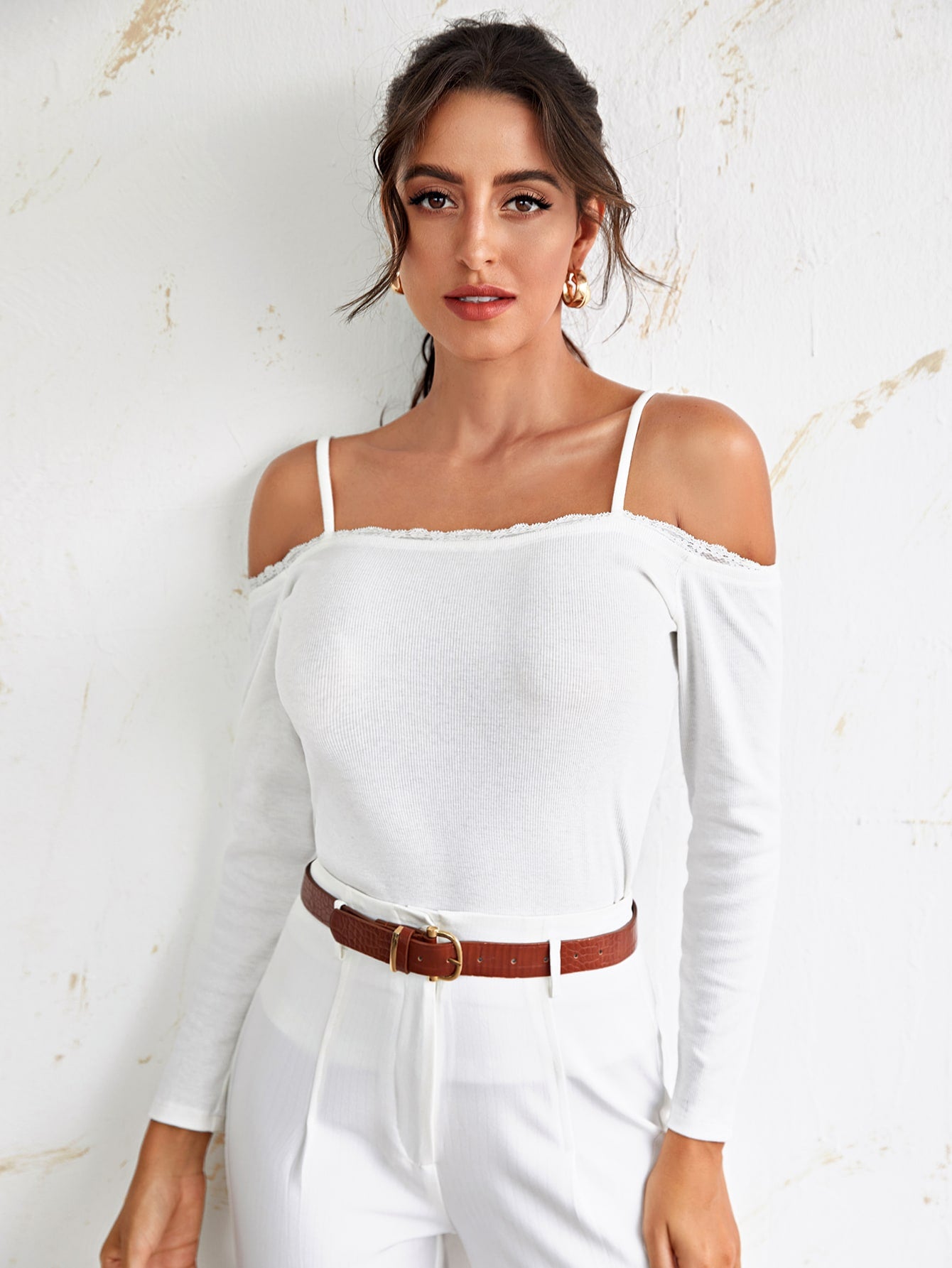 Contrast Lace Cold Shoulder Tee