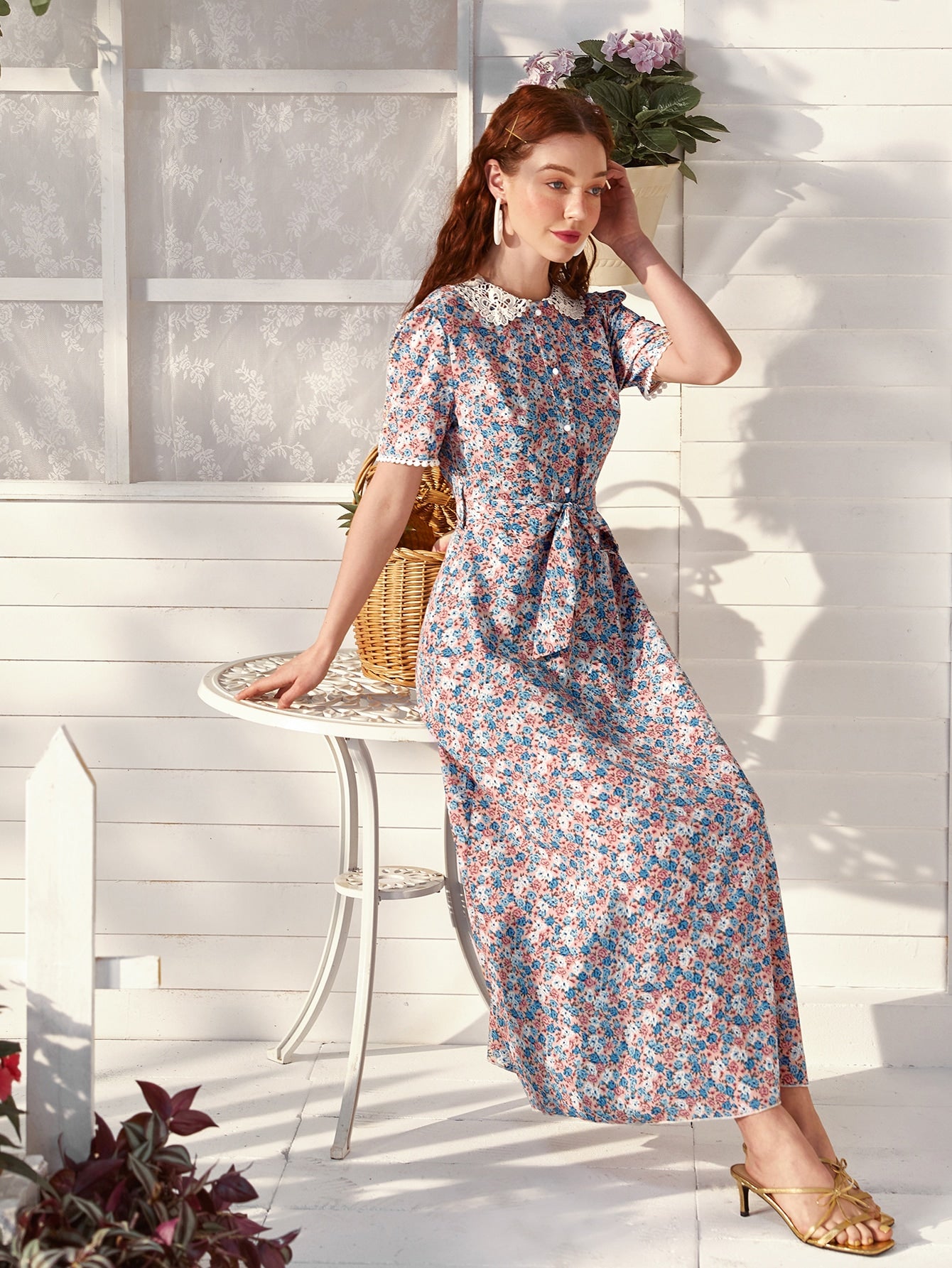 Contrast Lace Collar Allover Floral Belted Dress