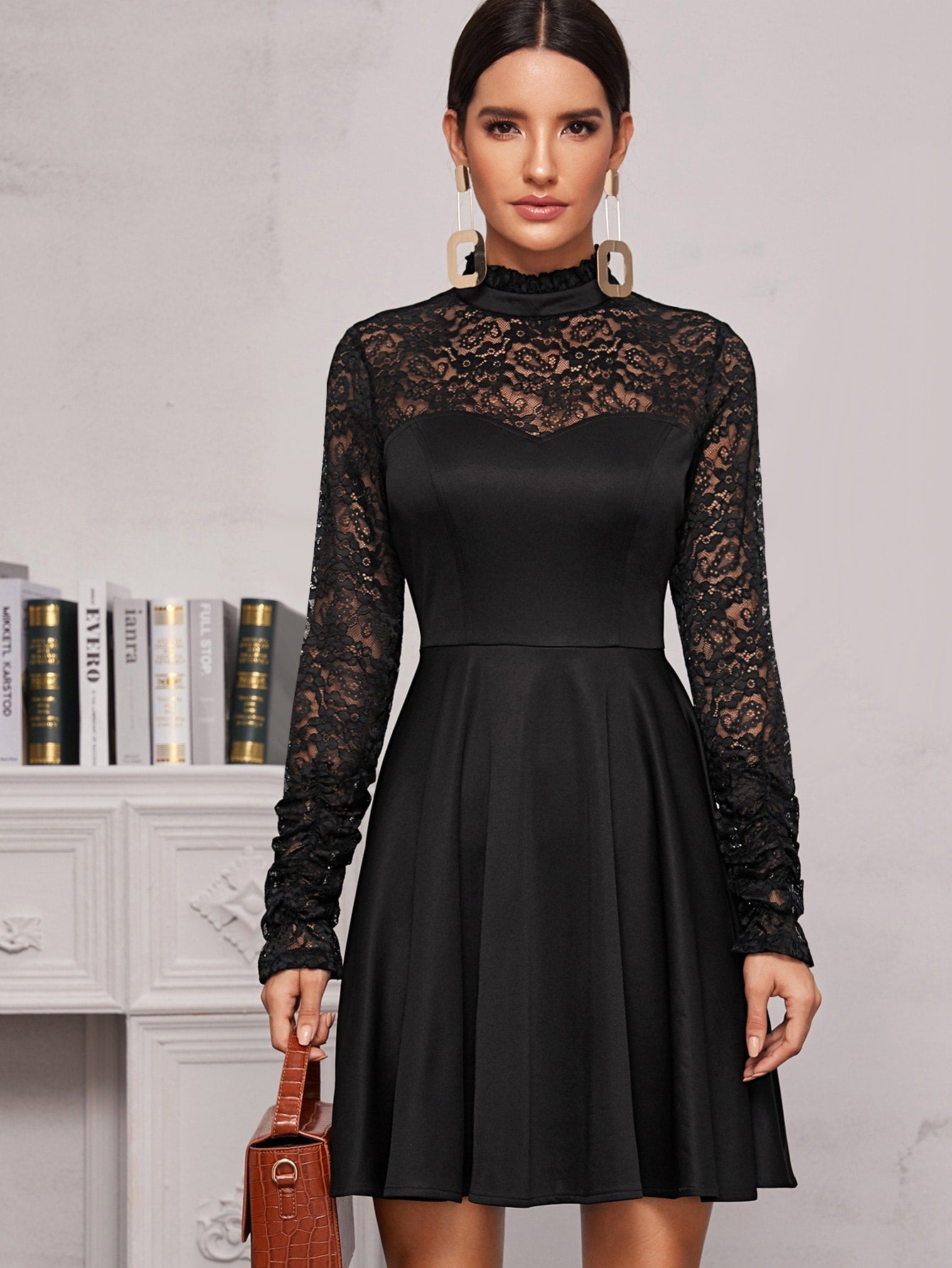 Contrast Lace Mock Neck Flare Hem Dress