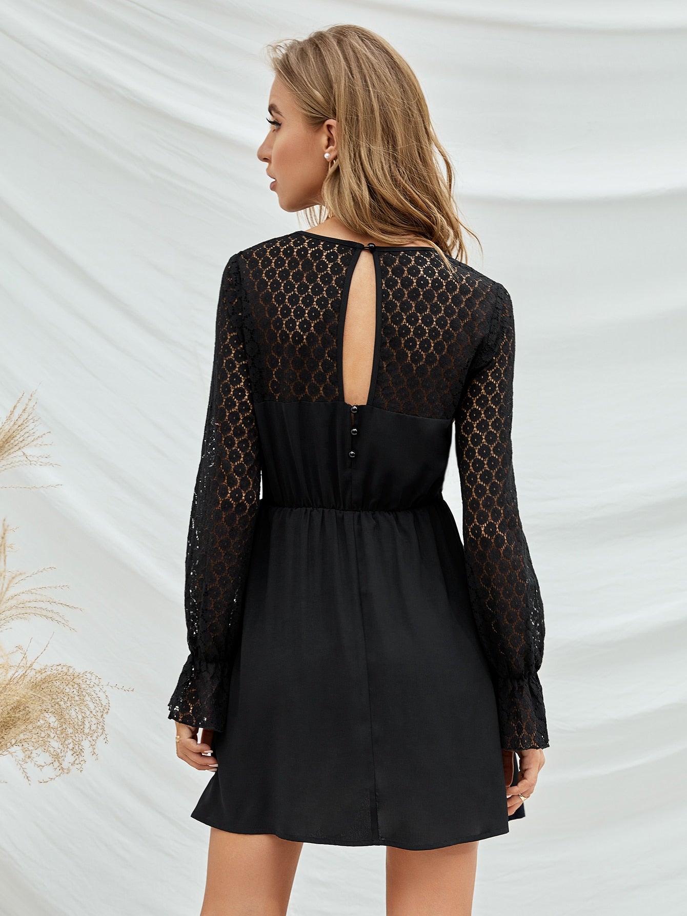 Contrast Lace Sleeve Yoke A-line Dress